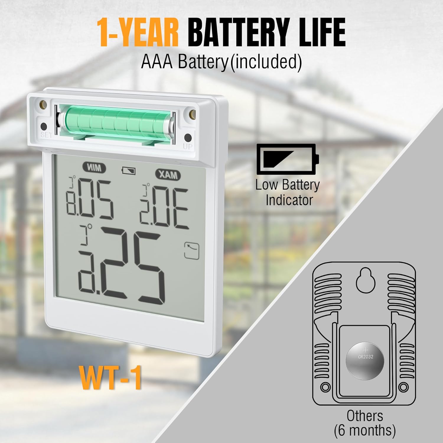 Raddy WT-1 Outdoor Window Thermometer, IP44 Waterproof Indoor Outdoor Temperature Gauge with Clear LCD Display, Max/Min Record, Easy Stick-on Mount, Battery Powered for Home Greenhouse (White)