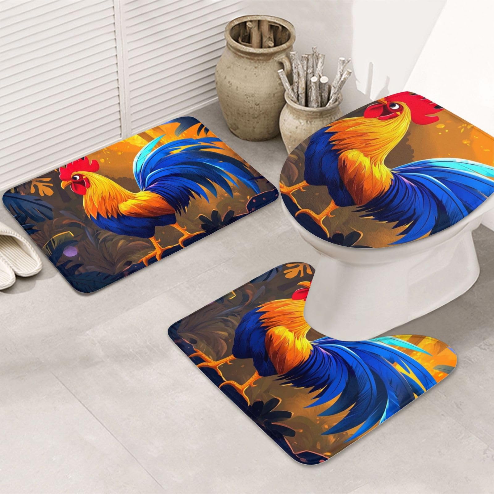 Lot de 3 tapis de salle de bain en mousse à mémoire de forme de coq à queue bleue, tapis de bain doux et absorbant, tapis de toilette en forme de U, décoration d'intérieur, séchage rapide