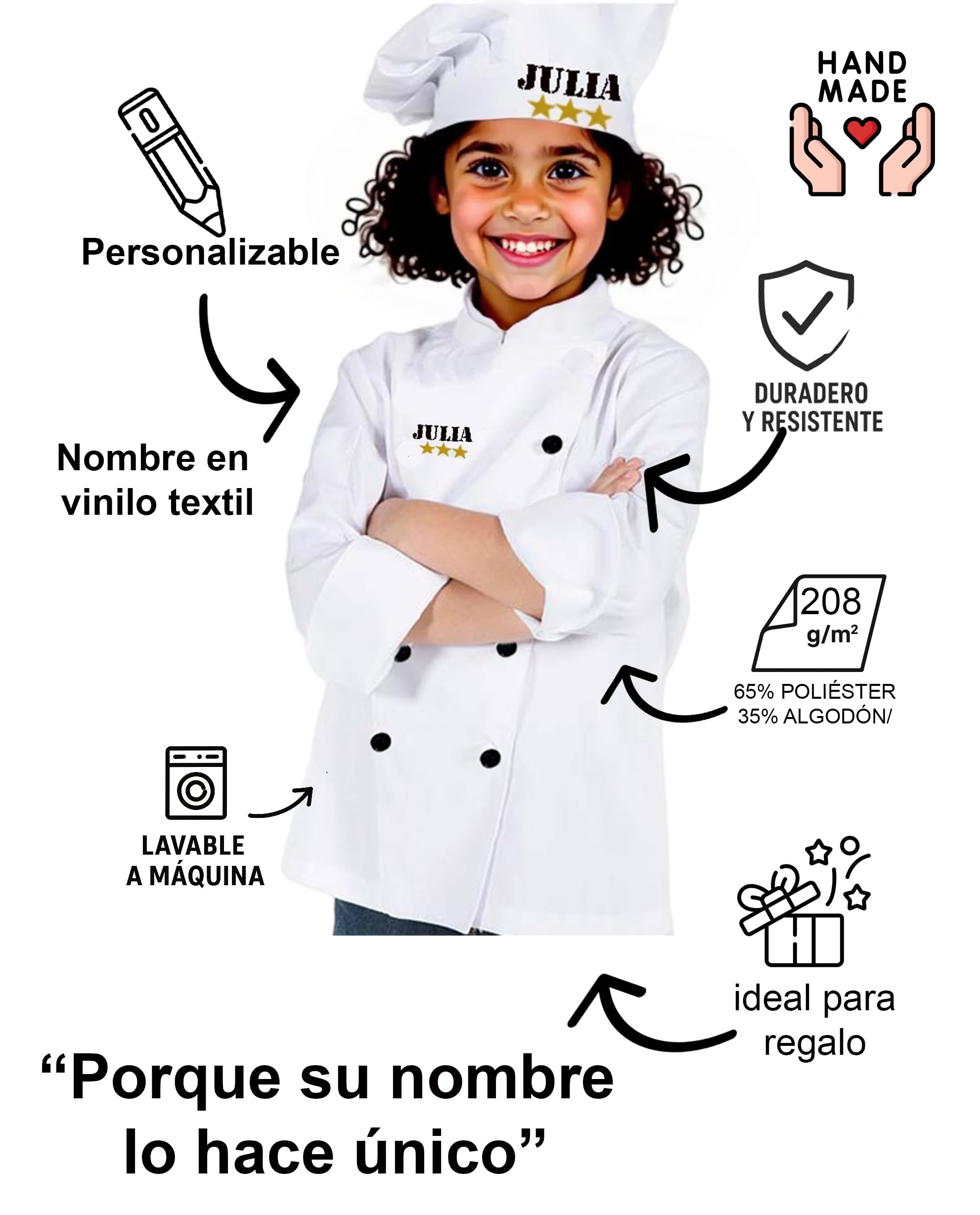 Giacche da Cucina per Bambini. Giacca da Cuoco per Bambini Personalizzata. Set Cappello e Giacca da Cuoco. Regalo Completamente Personalizzato (misurare 8, Berretto + Giacca)