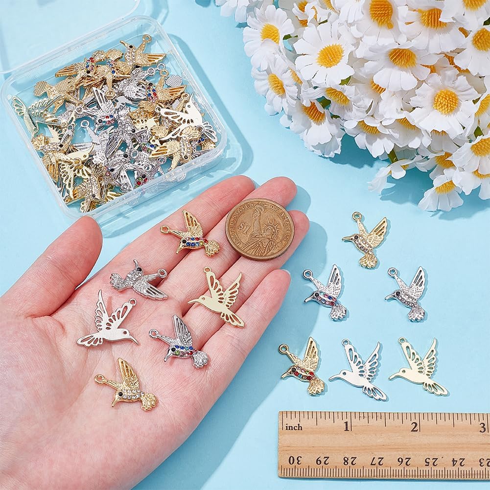 WADORN 48Pcs Small Hummingbird Charms, 6 Styles Alloy Mini Colorful Rhinestone Hummingbird Charms Tiny Crystal Bird Pendant Bulk for DIY Keychain Necklace Earrings Bracelet Jewelry Making - Image 3