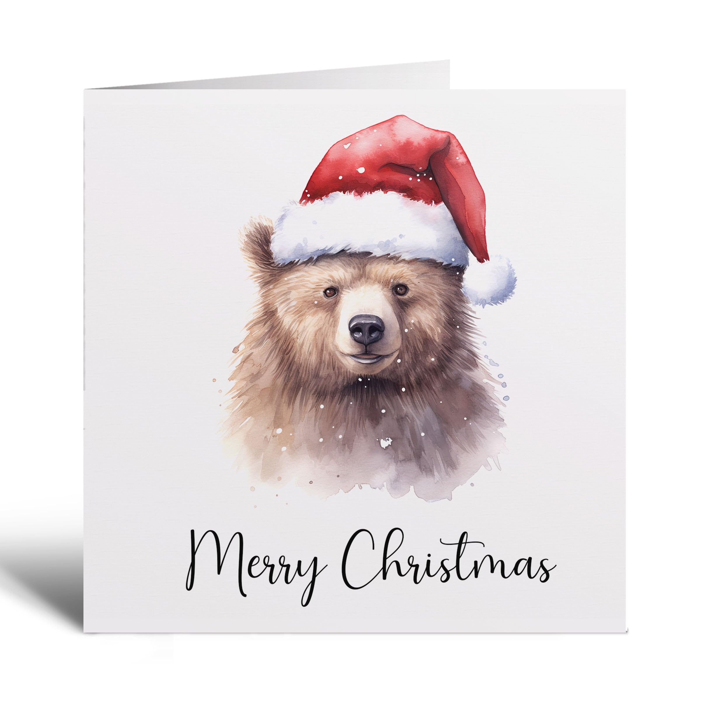 Postcard Prints - Fun Christmas Card of a Bear Wearing A Santa Hat Whimsical Watercolour Christmas Card For Animal Lover For Him or Her - 2 Cards