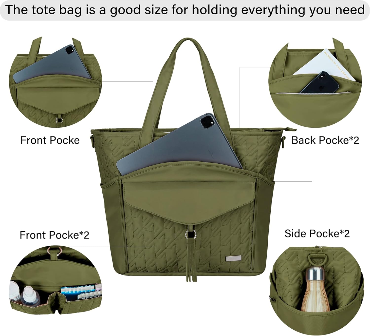 Tote Bag for Women with Water Bottle Pocket Fit for Stanley Cup, Carry On Tote for Work, Nurse, College, Travel - Image 5