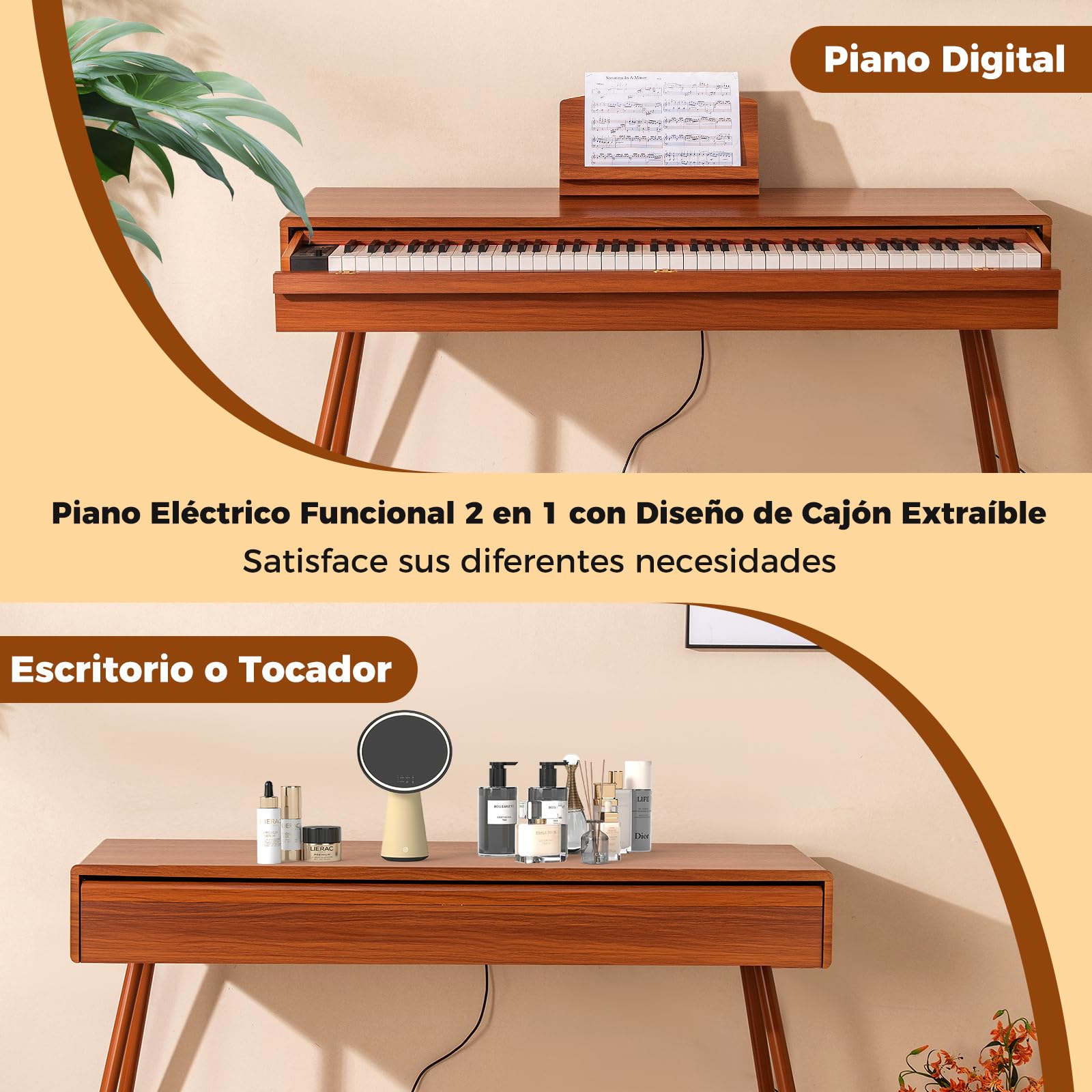 GOPLUS Piano Eléctrico de Tamaño Completo 88 Teclas Pesadas, Teclado de Piano Digital con Acción de Martillo Graduada, 3 Pedales, Conexión MIDI y Atril Desmontable, para Principiantes, Marrón