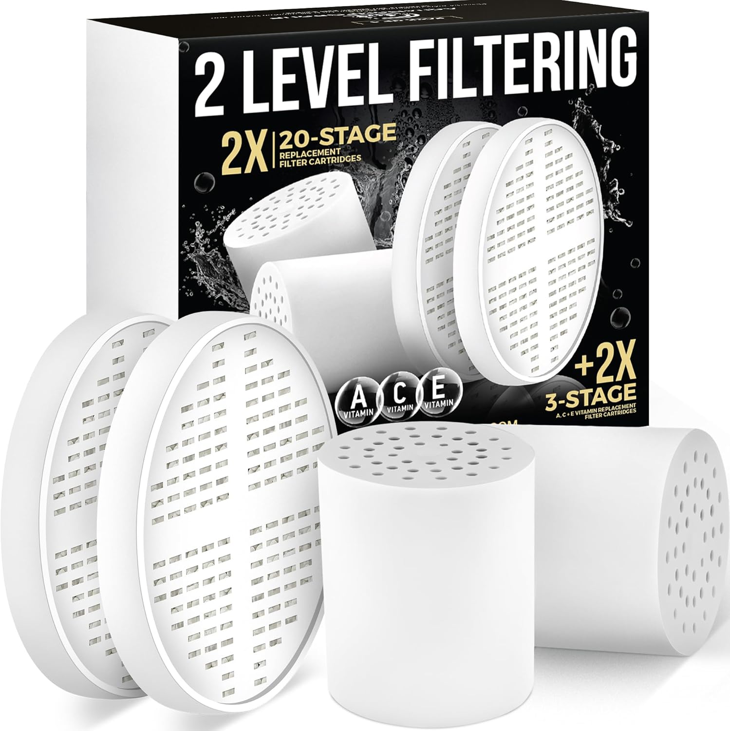 AquaHomeGroup 20-Stage Shower Filter Replacement Cartridge & Vitamin C + E + A Cartridges (2-Pack, No Housing) - Improve Shower Water Quality and Support Healthier Skin and Hair