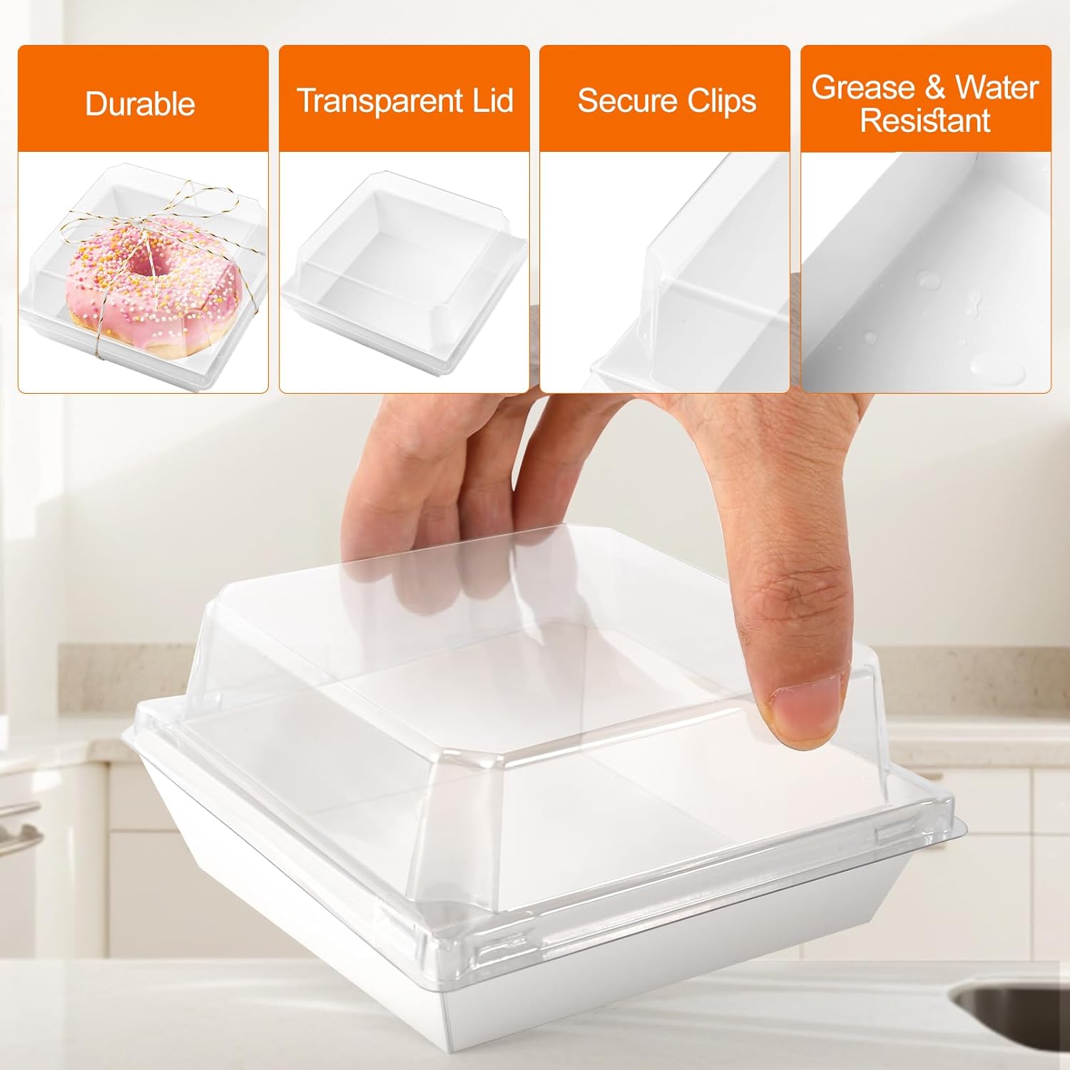 150 Pack Paper Charcuterie Boxes with Clear Lids, 4.7 Inch Disposable Food Containers, Small Square Dessert Boxes with Rope, Kraft Bakery Box for Sandwich, Cake Slice, Cookies, Dessert(White)