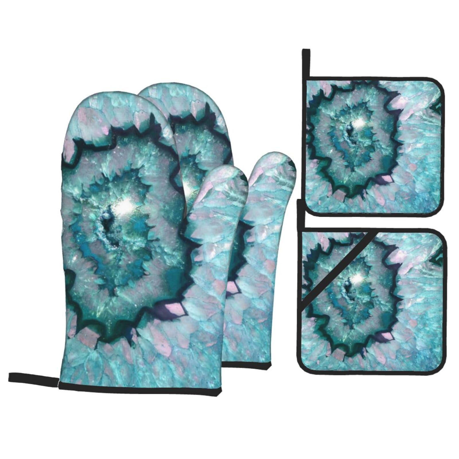 Teal Agate Print Stylish Heat-Resistant Oven 4-Piece Set Kitchen Gloves Roasting Daily Cooking