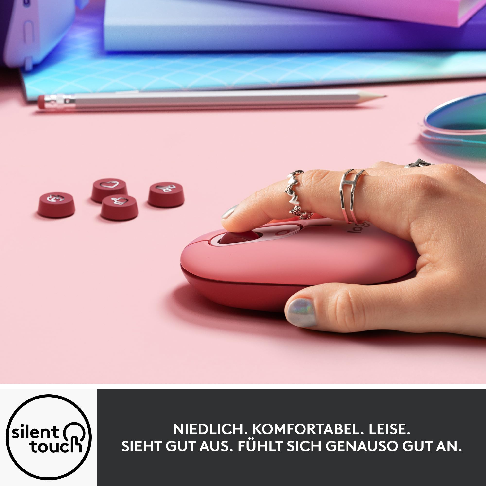 Logitech POP Mouse, Kabellose Maus mit anpassbaren Emojis, SilentTouch-Technologie, Präzises/schnelles Scrollen, Kompakt, Bluetooth, USB, Multi-Device, OS-kompatibel - Heartbreaker