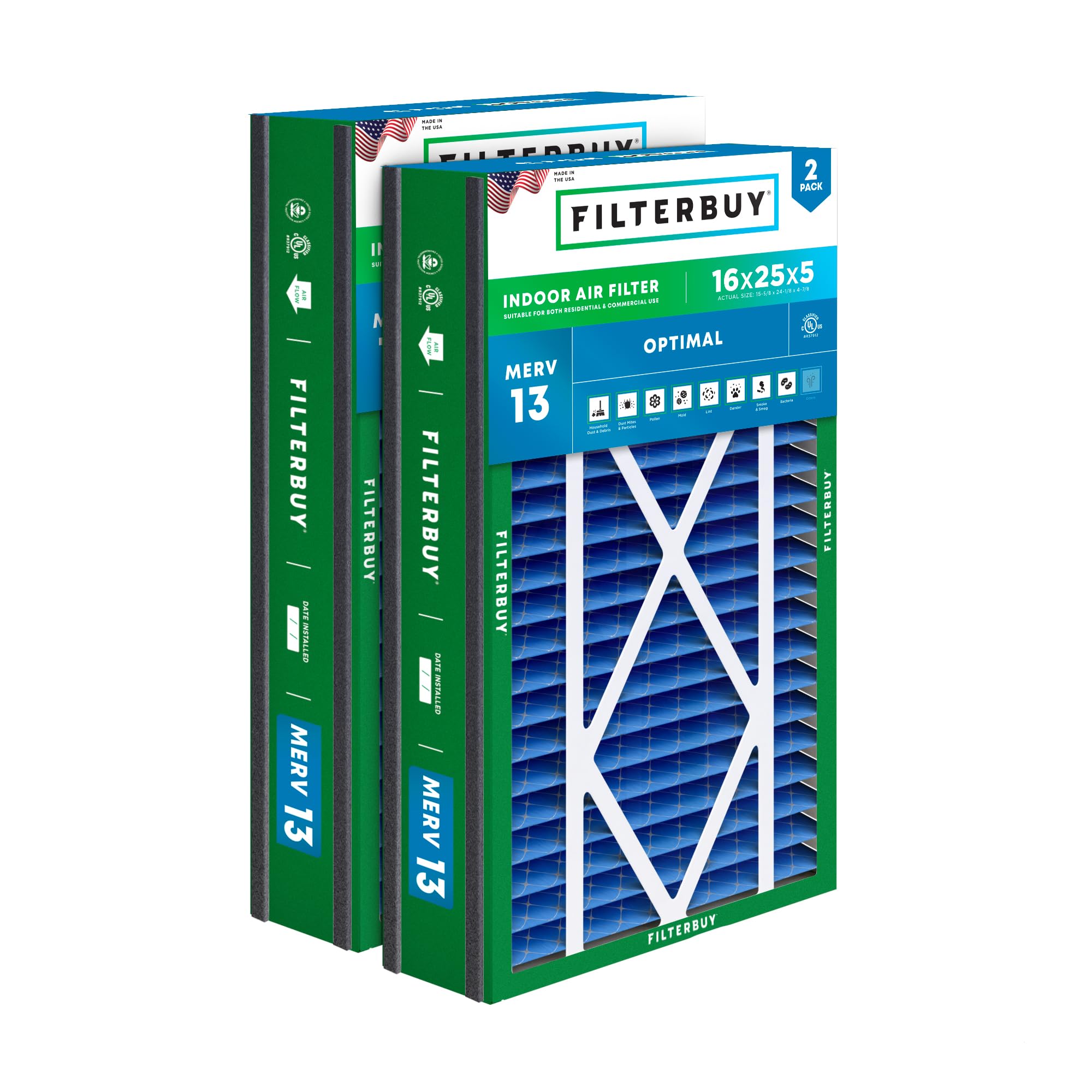 Filterbuy 16x25x5 Air Filter MERV 13 Optimal Defense (2-Pack), Pleated HVAC AC Furnace Air Filters Replacement for Trion Air Bear 255649-105 and More (Actual Size: 15.63 x 24.13 x 4.88 Inches)