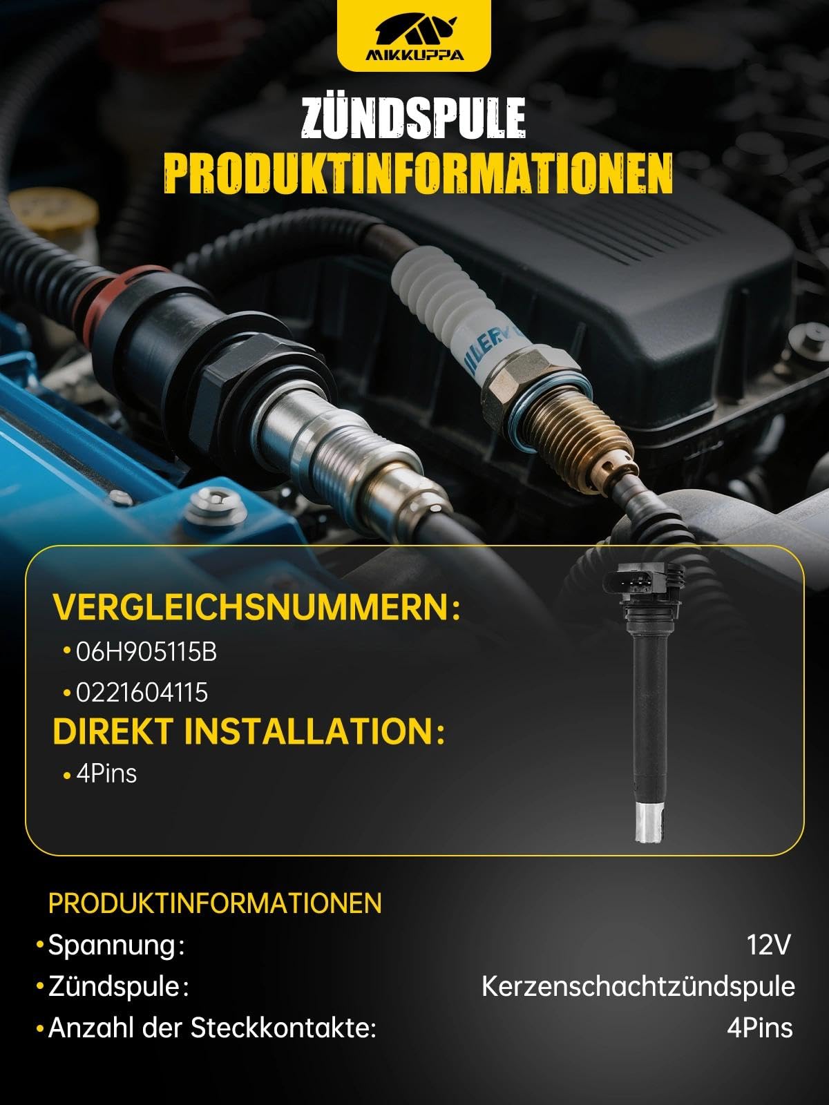MIKKUPPA Zündspule 1 Stück passend für Audi A3 A4 A5 A6 Q3 TT 1.8T 2.0T TFSI ersetzt 06H905115B 0221604115 06H905601A für VW Beetle Scirocco Sharan Skoda Seat 2.0T Motoren