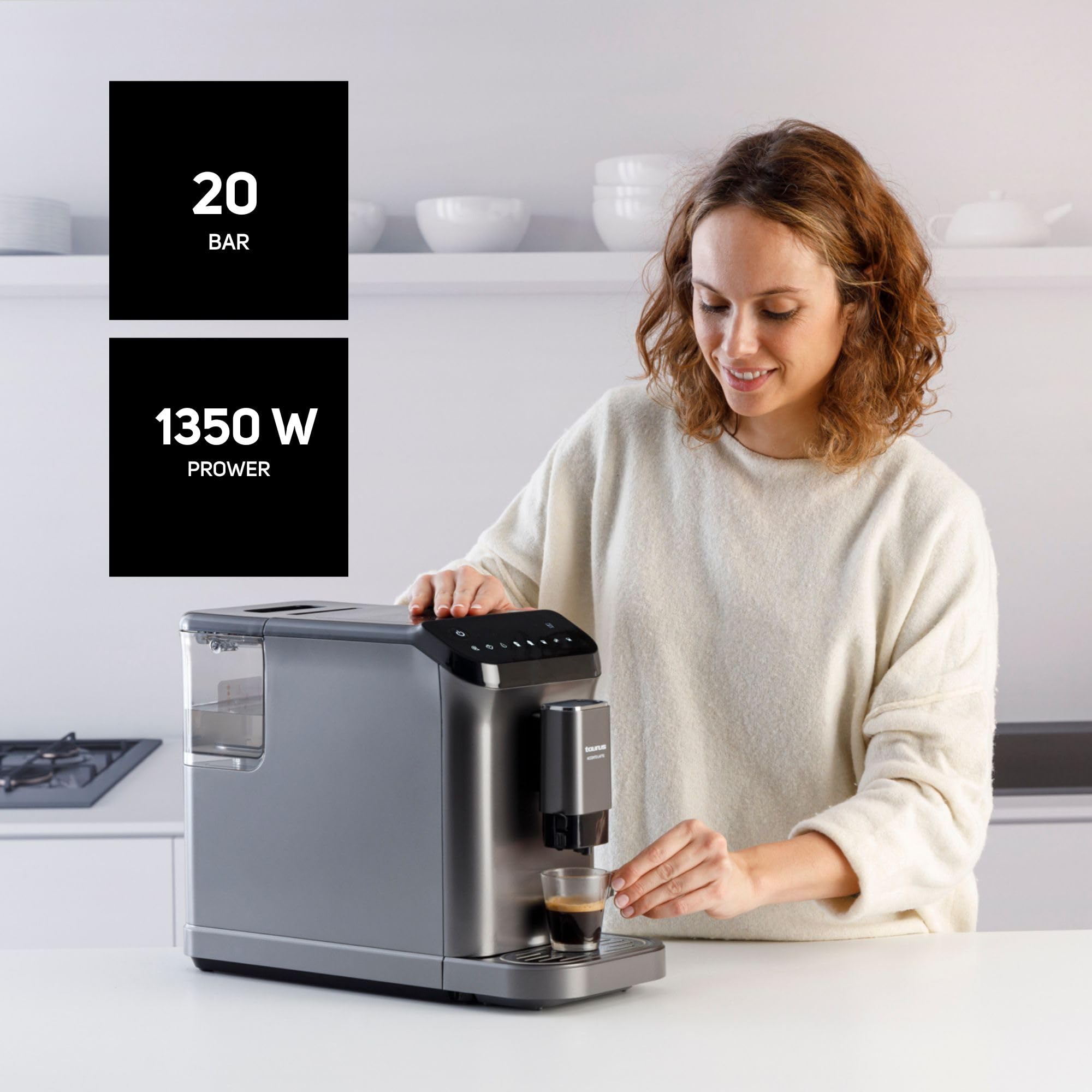 Taurus - Cafetera Accento Latte superautomática | 20 bares | Espresso y Latte | 1350w | 1.5L | Pantalla digital | Limpieza automática | 4 bebidas programables | Depósito de leche conectable
