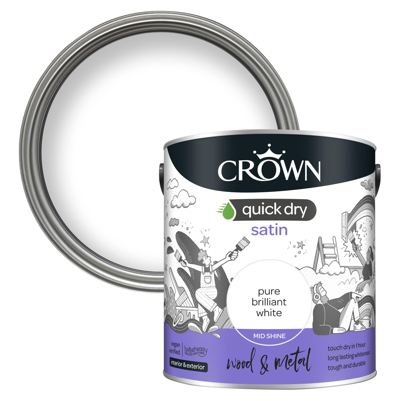Crown Paint Satin Paint Brilliant White Quick Dry Interior Exterior 2.5 Litre