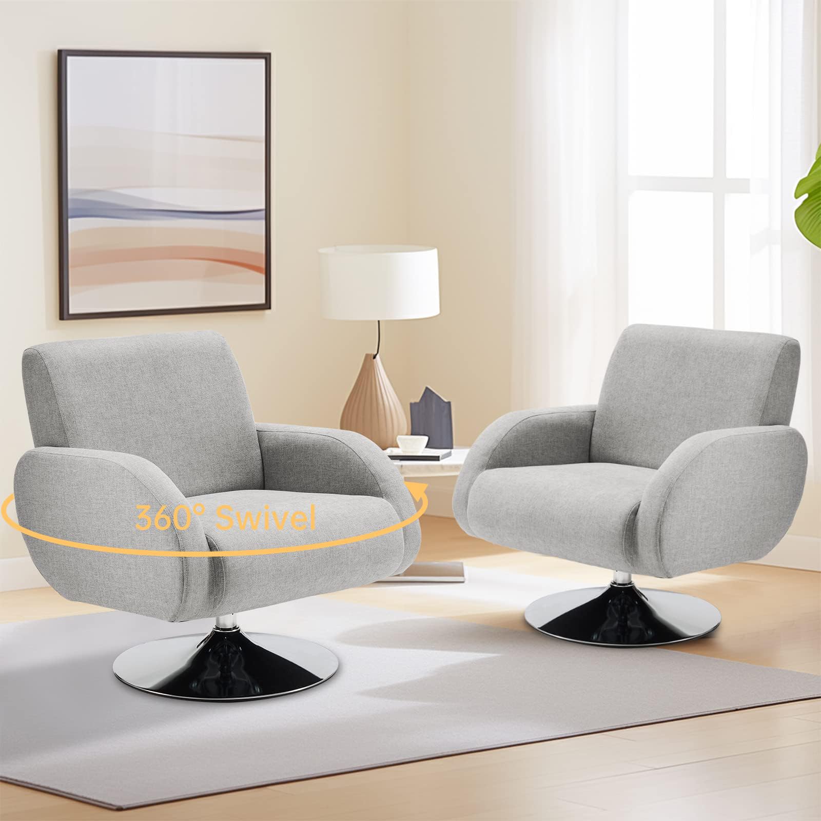Bekrvio Swivel Accent Chairs Set of 2, Modern Linen Fabric Living Room Armchair with Chrome Round Base, 360°Swivel Chair Comfy Upholstered Single Sofa Chair Leisure Lounge Chair for Bedroom, Grey