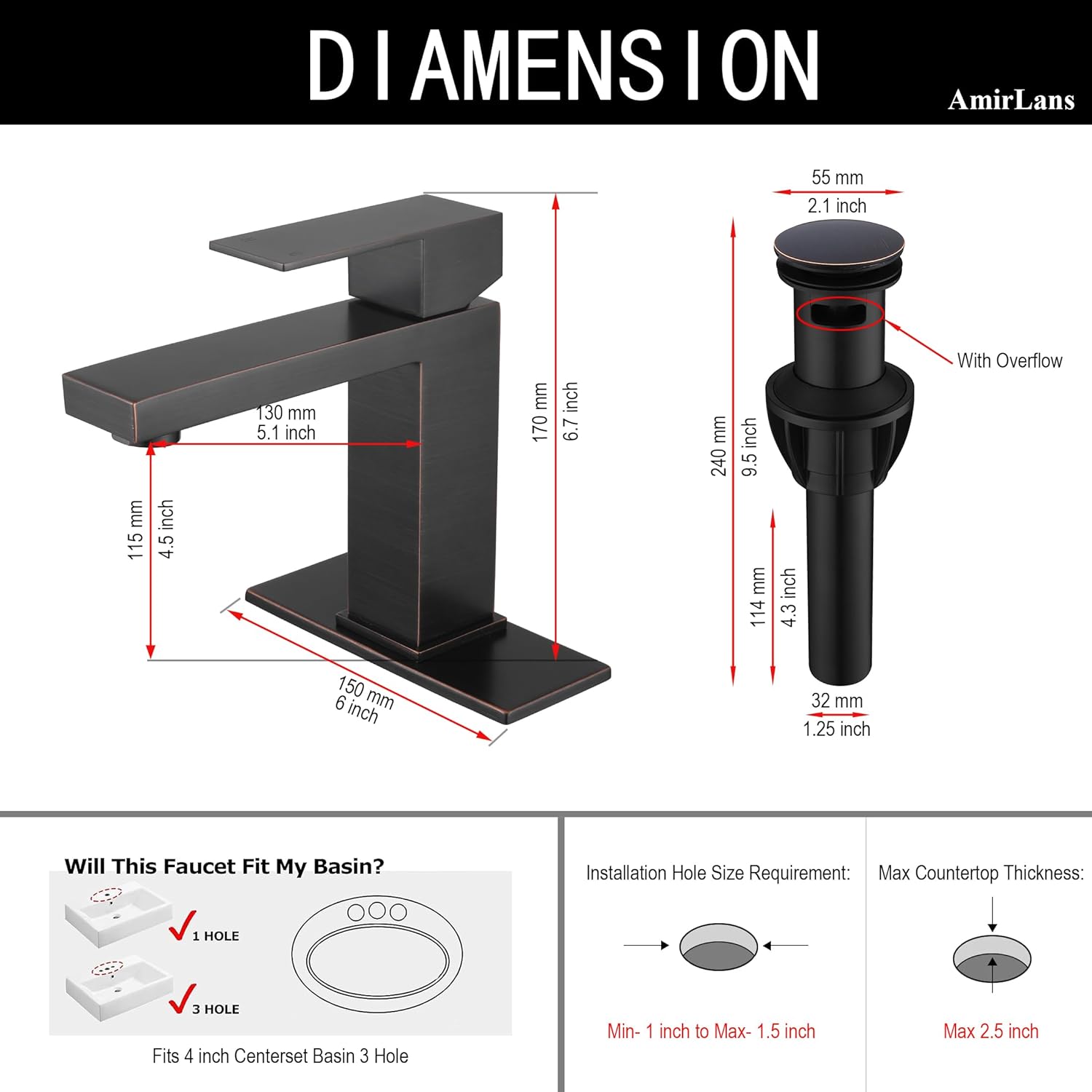 Oil Rubbed Bronze Bathroom Faucet 1 Hole, Stainless Steel Single Hole Bathroom Sink Faucet with Pop Up Drain, Bronze Lavatory Sink Faucet AML-1141-ORB