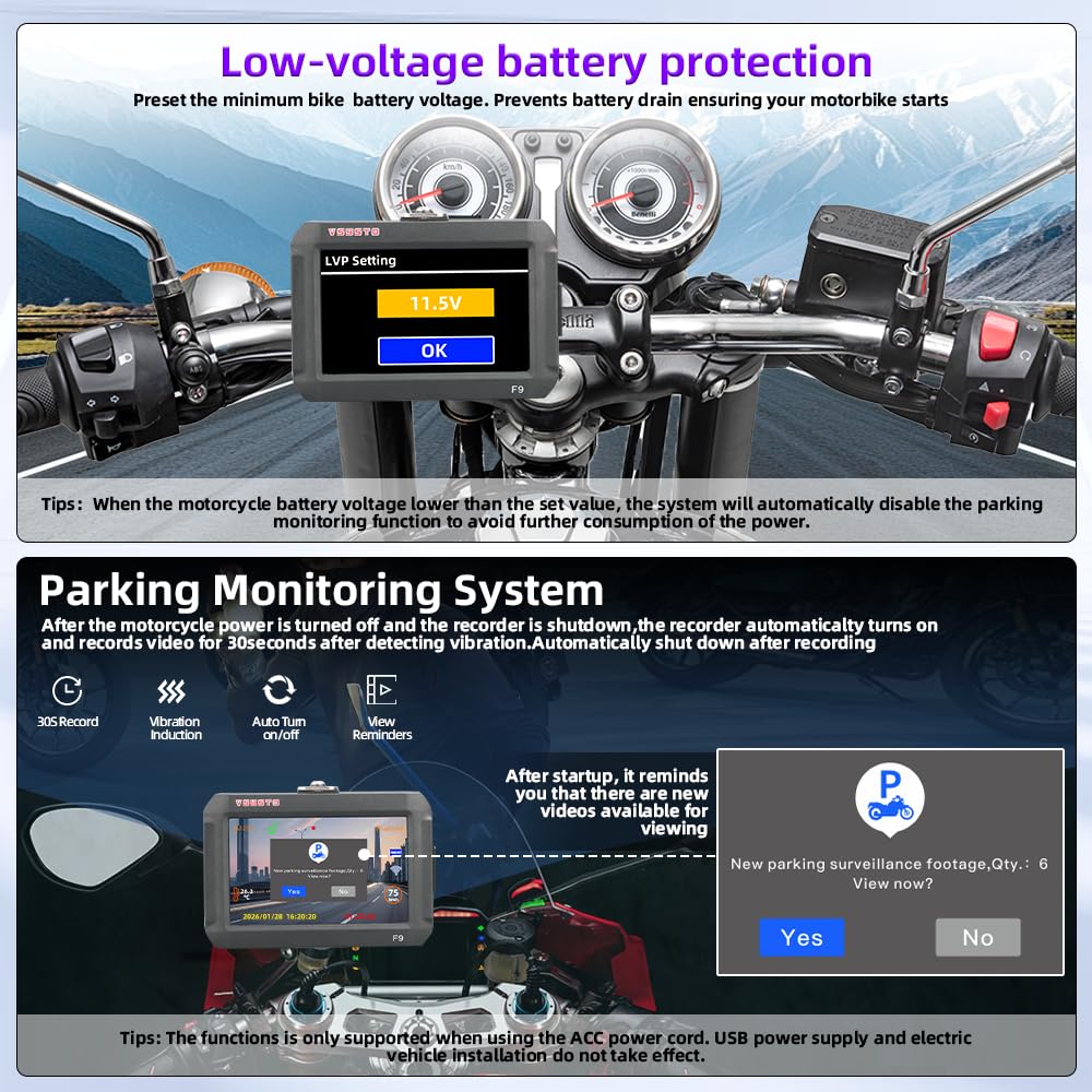 VSYSTO Dashcam per moto WiFi a tre ruote, 3 sensori di pressione pneumatici, schermo da 4'', grandangolo 150°, visione notturna Starlight, modalità di visualizzazione assistita Sistema DVR moto