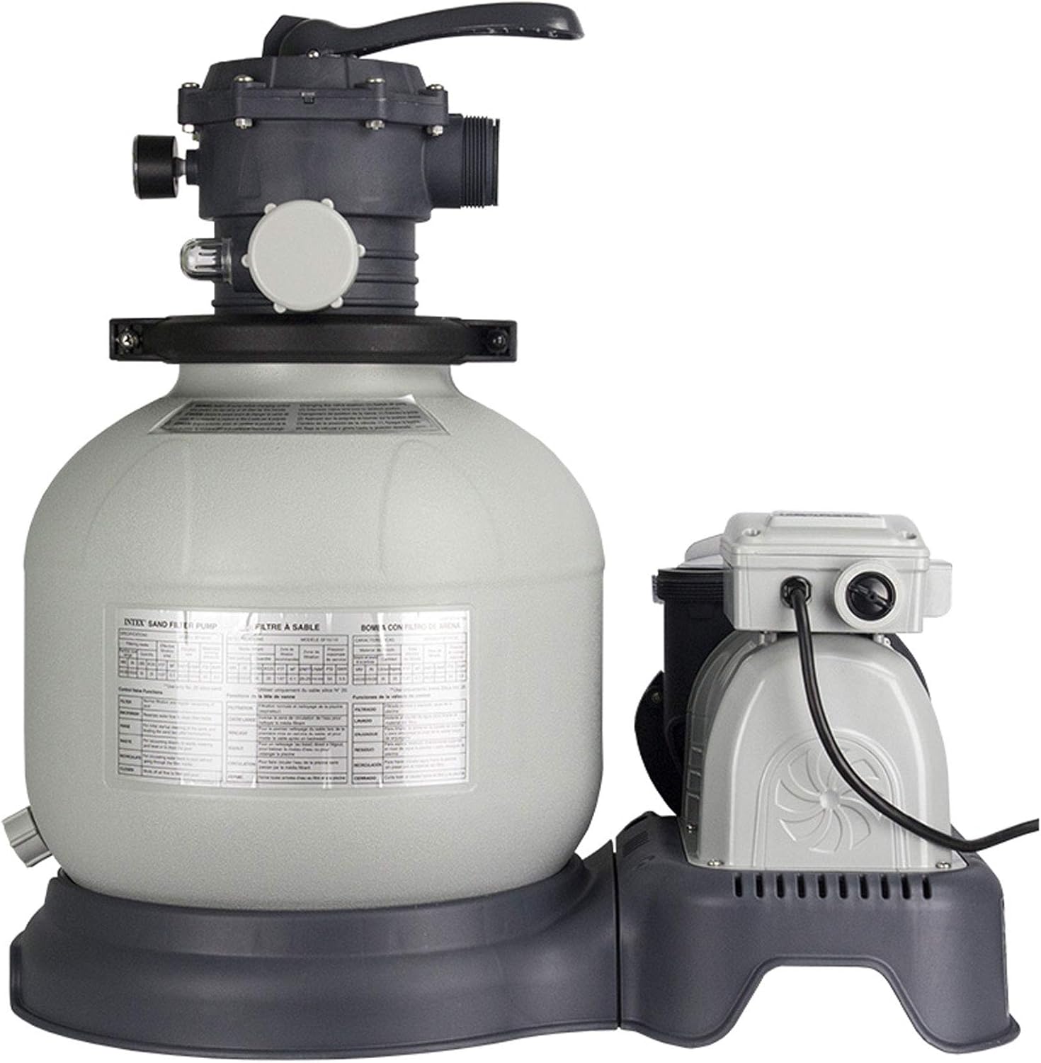 വശം view of the Intex Sand Filter Pump with hoses and power cord