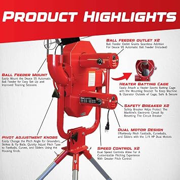 Heater Sports Deuce 95 MPH Adjustable Baseball Pitching Machine with Automatic Ball Feeder Delivers Fastballs & Curveballs, Compatible with Pitching Machine & Real Baseballs, Ideal for All Ages.