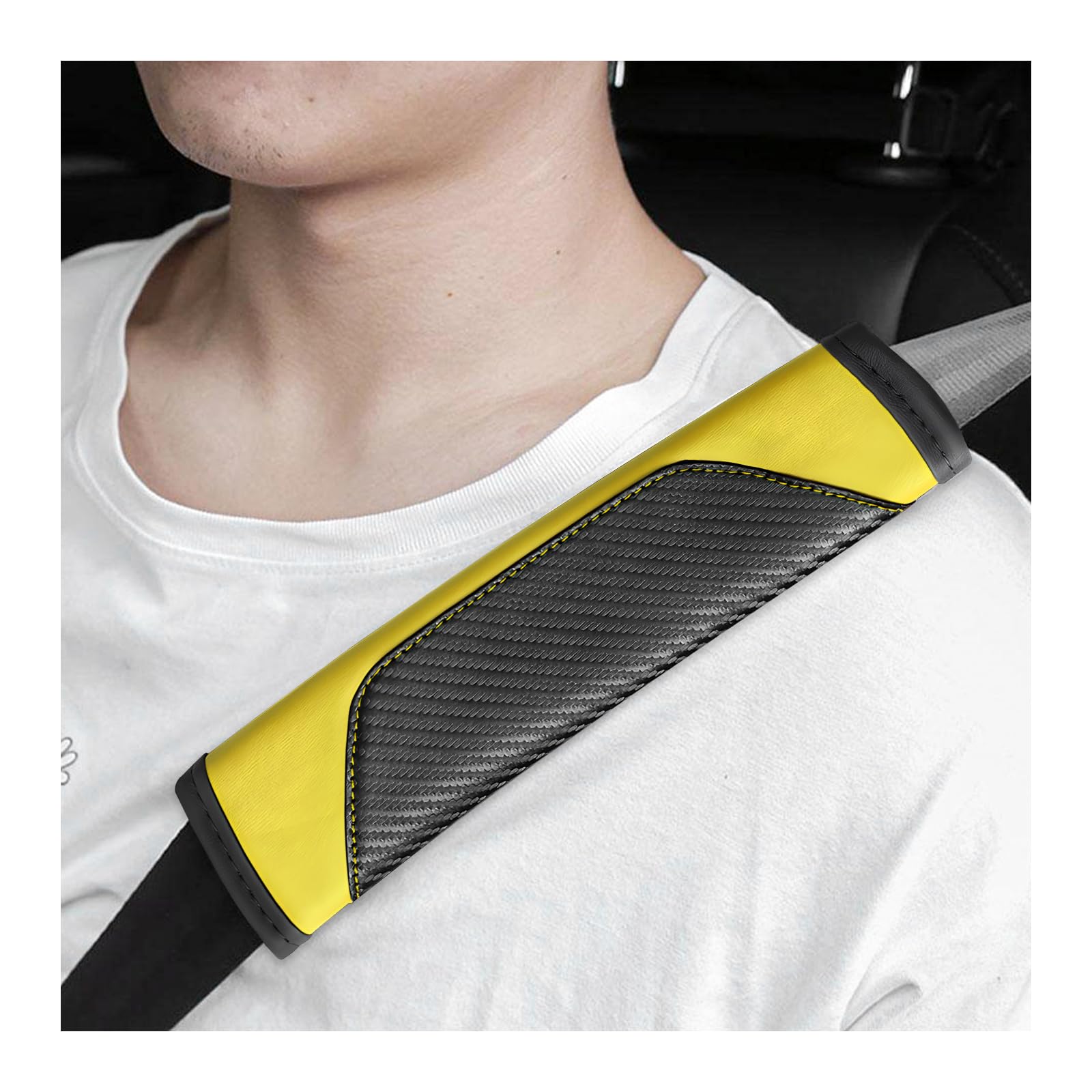 Sun Walker 2 PCS Car Seat Belt Cover, Carbon Fiber Soft Leather Auto Safety Belt Protective Cushion, Breathable Seatbelt Strap Pad for Protecting Your Neck &amp; Shoulder, Car Accessories (Yellow)