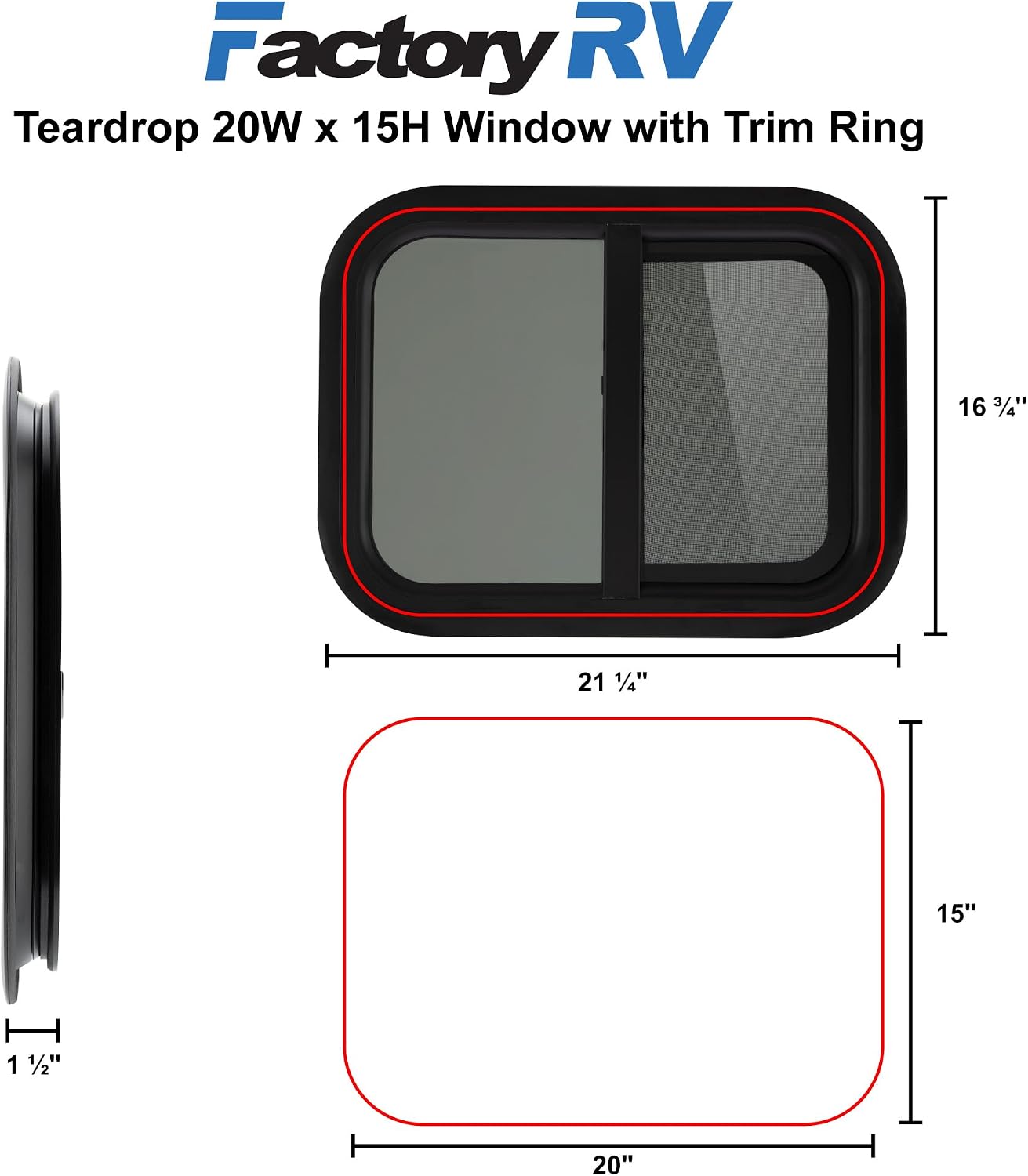 Tough Grade 20" W x 15" H Teardrop Window | Tinted Glass | Trim Ring Included
