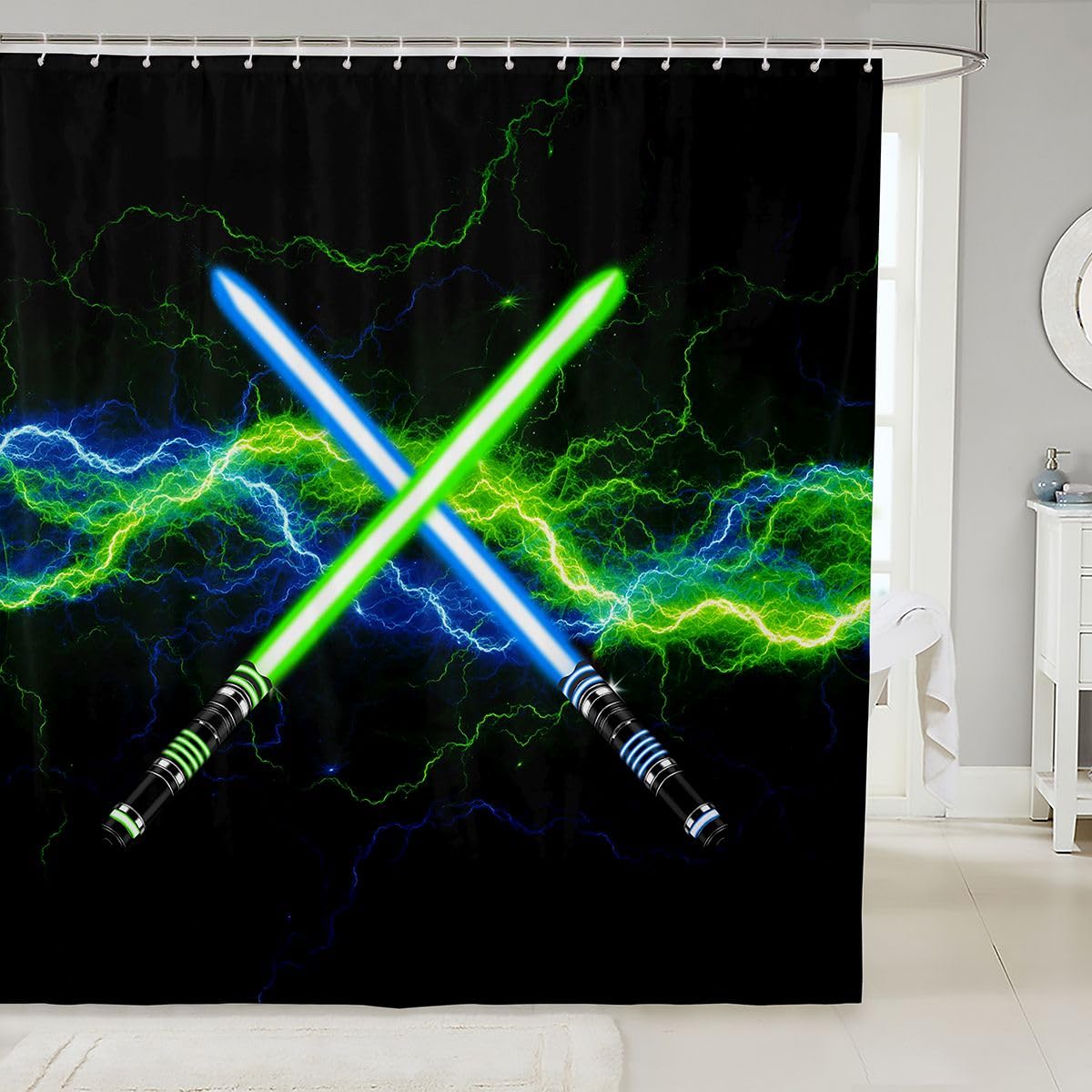Castle Fairy Red Blue Lightsaber Shower Curtain, Neon Glowing Lightning Bathroom Video Games Theme Waterproof Curtain Kids Boys Girls Teens Room Decor