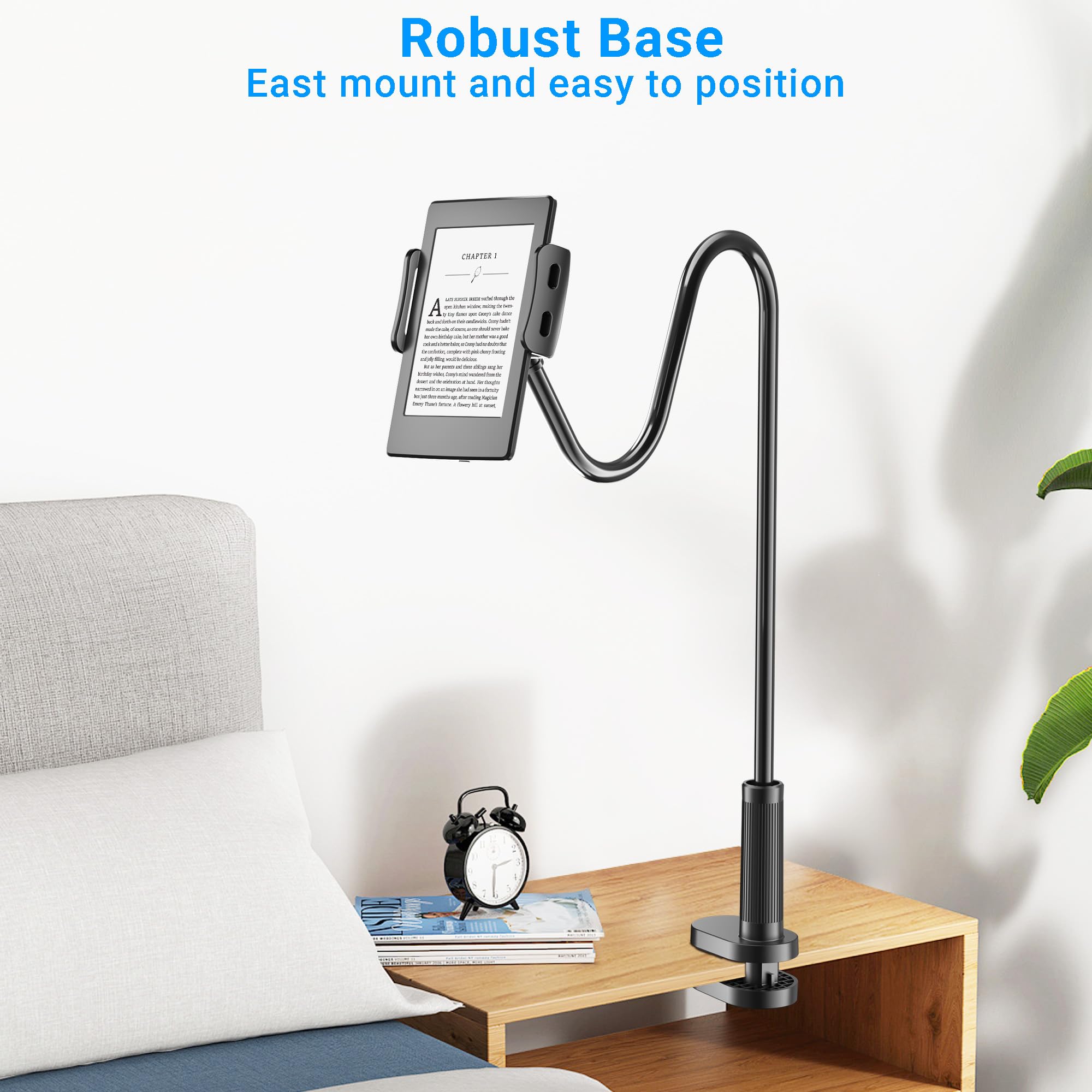 Gooseneck Holder for Kindle Reading in Bed, Hands Free Desk Bedside Lazy Arm Stand for Kindle Accessories, Compatible with iPhone iPad mini — view 4
