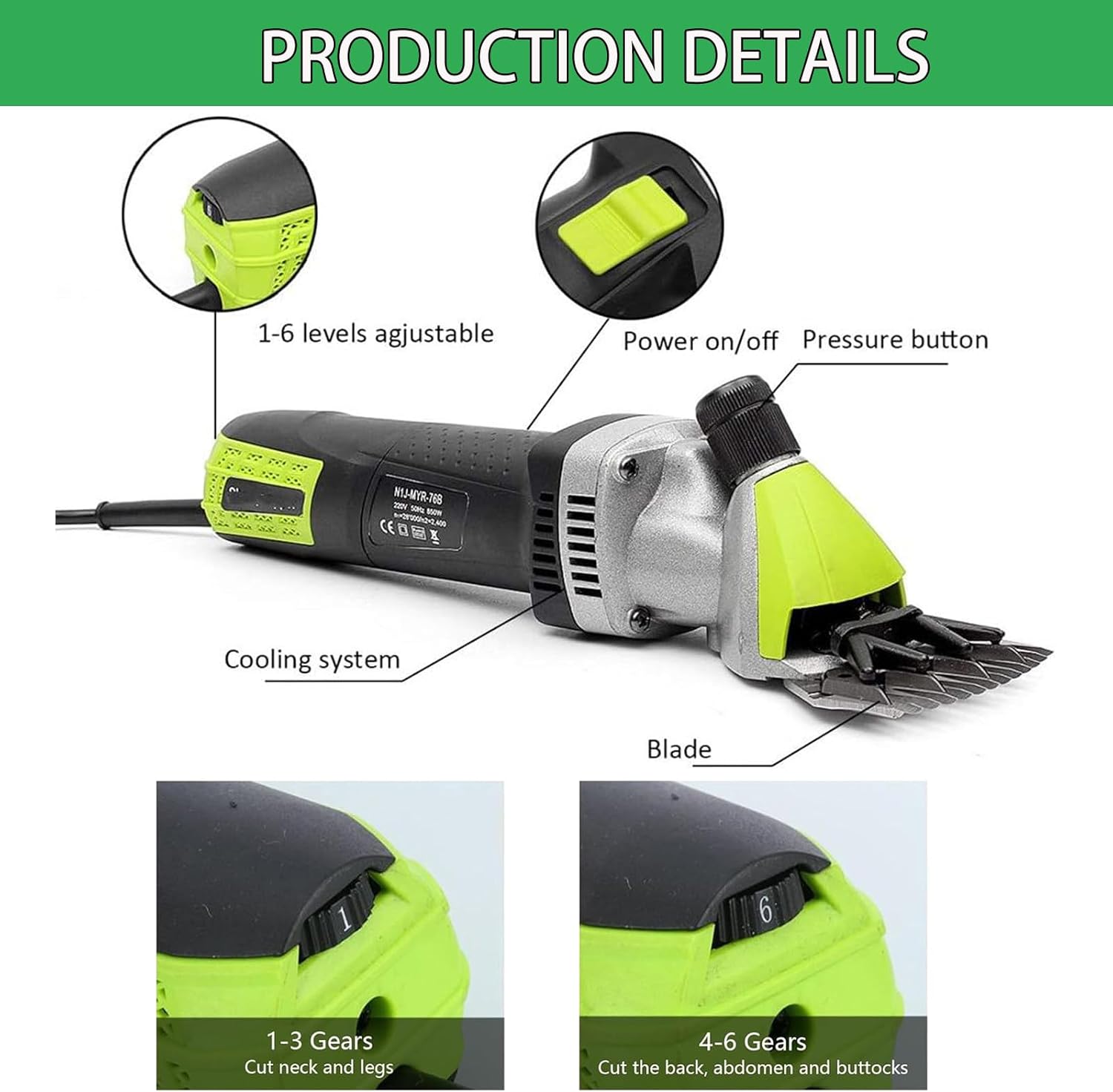 Horse Clippers Cordless US Plug 850W Sheep Shearing Clippers 110V/220V Optional with Adjustable Blades, 6-Speed Multi-Purpose Clippers Professional for Farm Livestock 220V