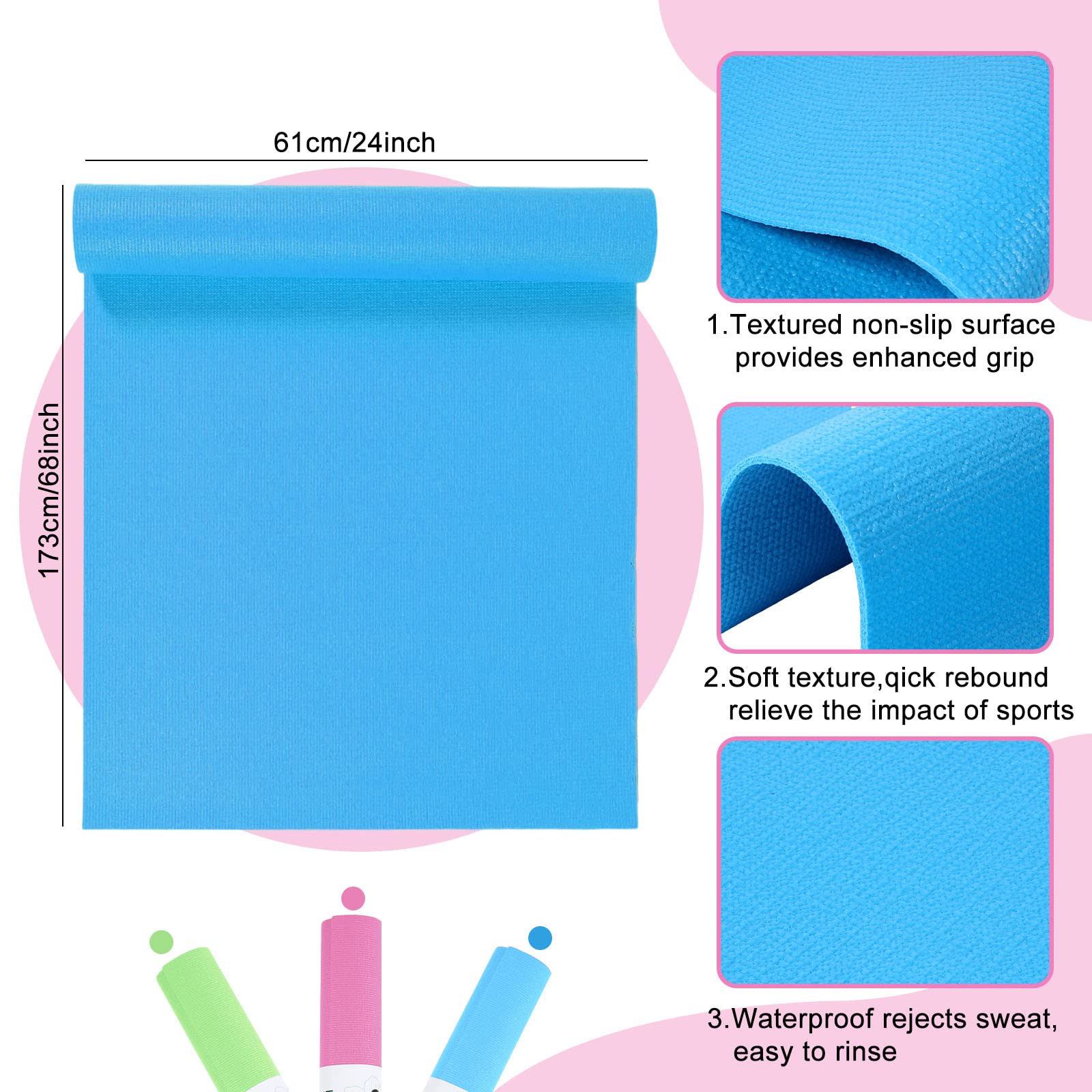 12 alfombrillas de yoga a granel de 68 x 24 x 0.12 pulgadas, alfombrillas de ejercicio antideslizantes para mujeres y hombres, entrenamiento en casa, gimnasio, yoga (verde, rosa, azul claro)