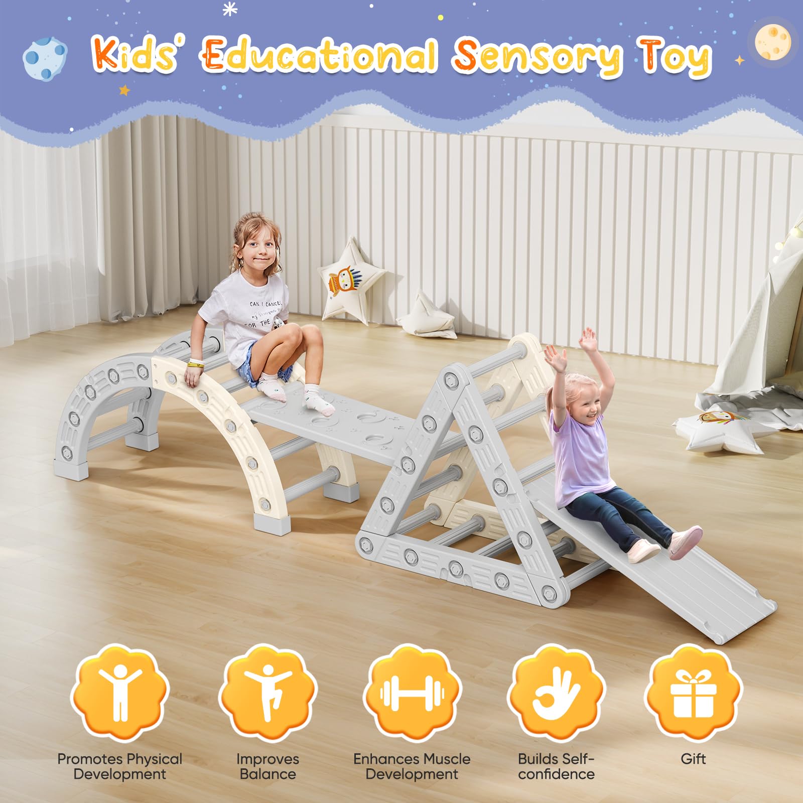 Othlaver Parcours motricité bébé,Montessori Triangle d'escalade, Cadre d'escalade avec échelle Triangulaire, échelle en Arc et 2 Planches d'escalade, connexions renforcées 50 kg 1 à 6 Ans - 2