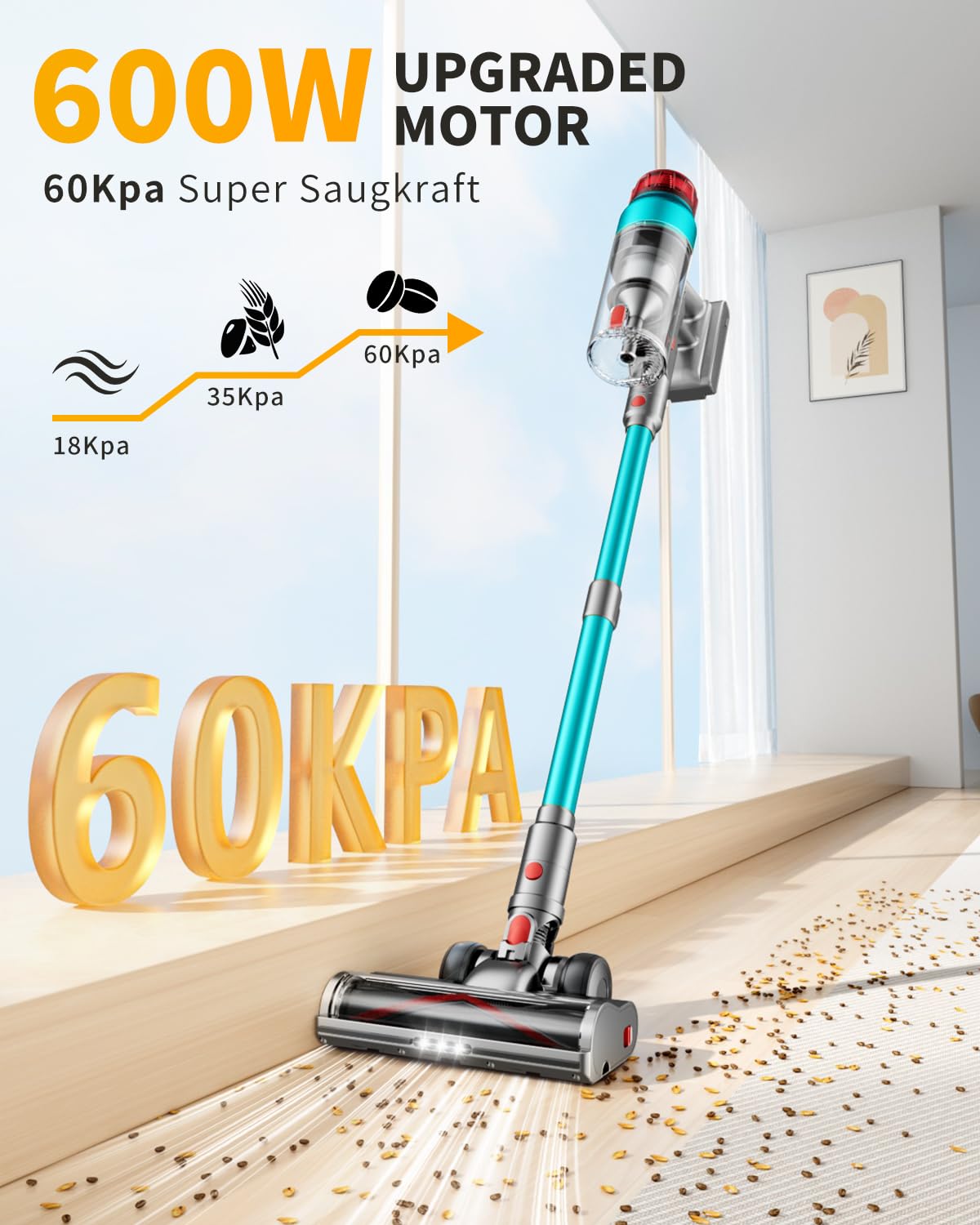 60000Pa/600W Akku Staubsauger Kabellos 75Mins Laufzeit, Wandmontierte Ladestation, Akkustaubsauger Cordless Vacuum Cleaner mit Smart Display Anti-Verhedderung-Bürste für Teppich Hartboden Tierhaare