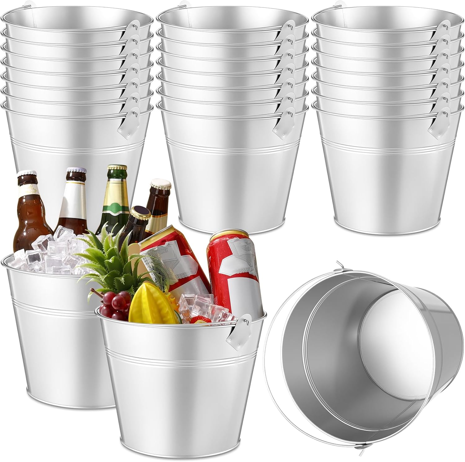 24 Pcs Metal Wine Bucket Bulk Beer Bucket Ice Pails with Handle Champagne Soda Ice Bucket Party Beverage Chiller for Summer Picnic Buffet BBQ Home Bar Club (Silver,9.1 x 7.1 x 6.7") Silver 9.1 x 7.1 x 6.7"