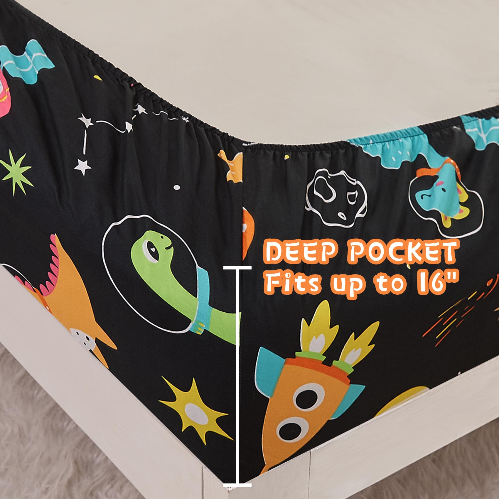 Juego de sábanas de tamaño individual de dinosaurio para niños, diseño de planetas lindos de microfibra con bolsillo profundo, juego de sábanas y fundas de almohada, 3 piezas 3