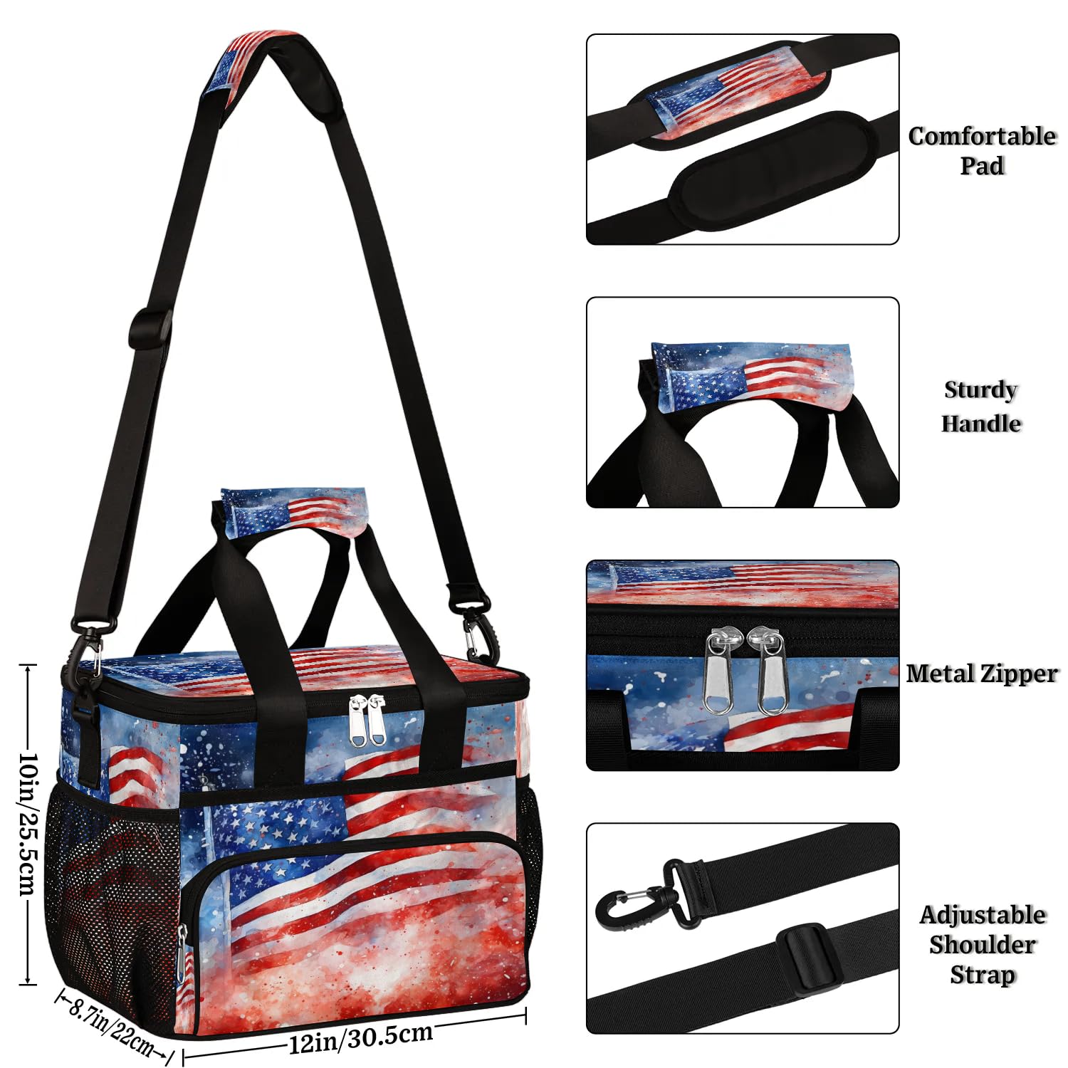 Grand sac à déjeuner isotherme avec drapeau du jour de l'indépendance américaine pour adultes, hommes, femmes, enfants, filles, garçons, sac isotherme pour le travail, le pique-nique, le barbecue