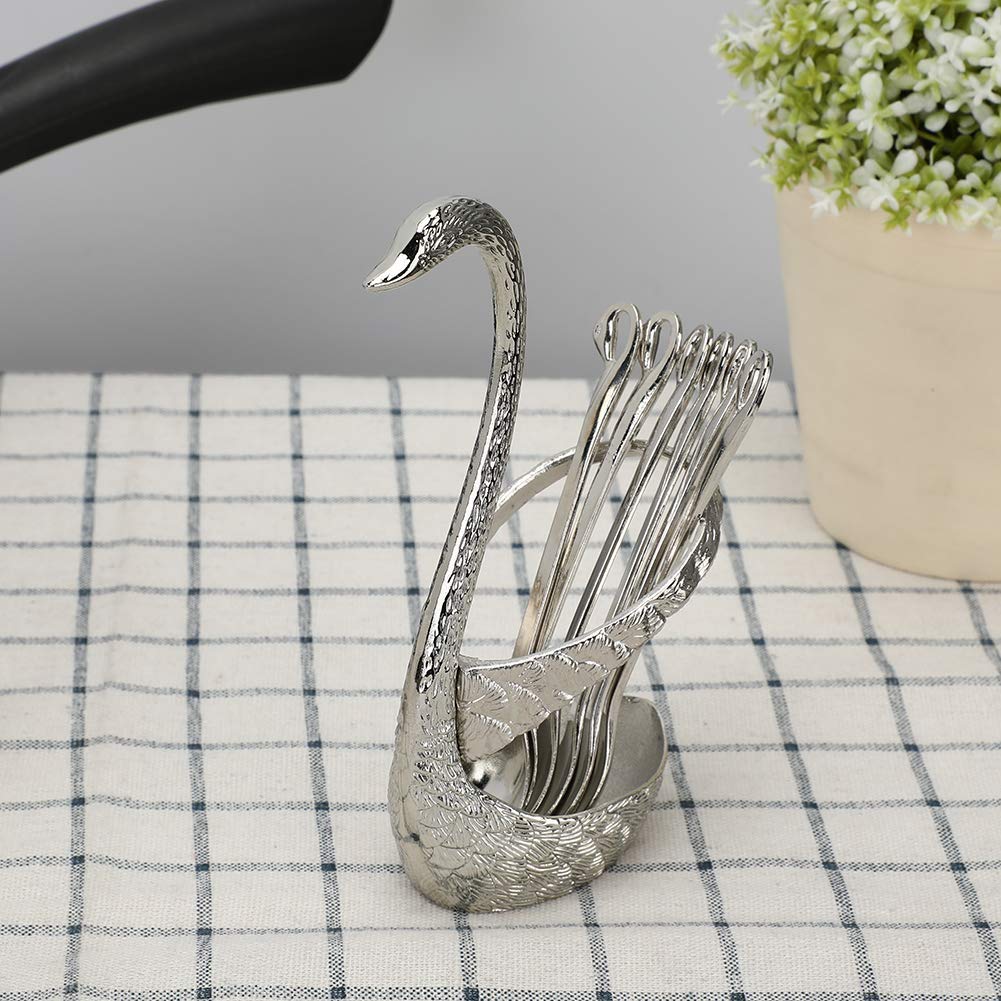 Cubiertos de Postre de Fruta de Cuchara de café de Acero Inoxidable con Soporte de Cisne 6 cucharas para Regalo de Boda y Juego de Cubiertos de decoración-Silver