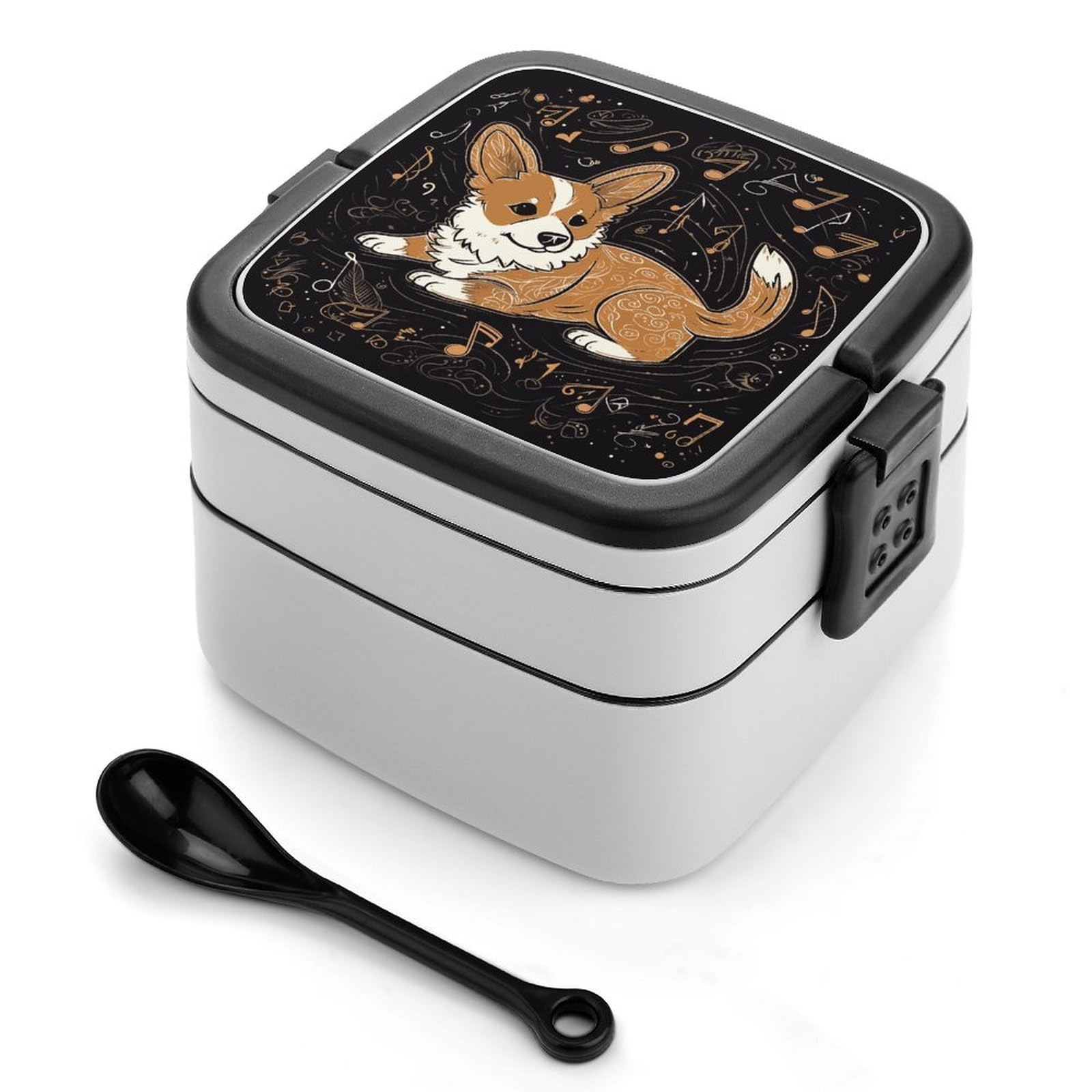 JTREHY Corgi Who Loves Music Lunch Box Double-Layer Portable Lunch Container Stackable Large Capacity Leakproof Bento Box for Dining Out Work Picnics Travel