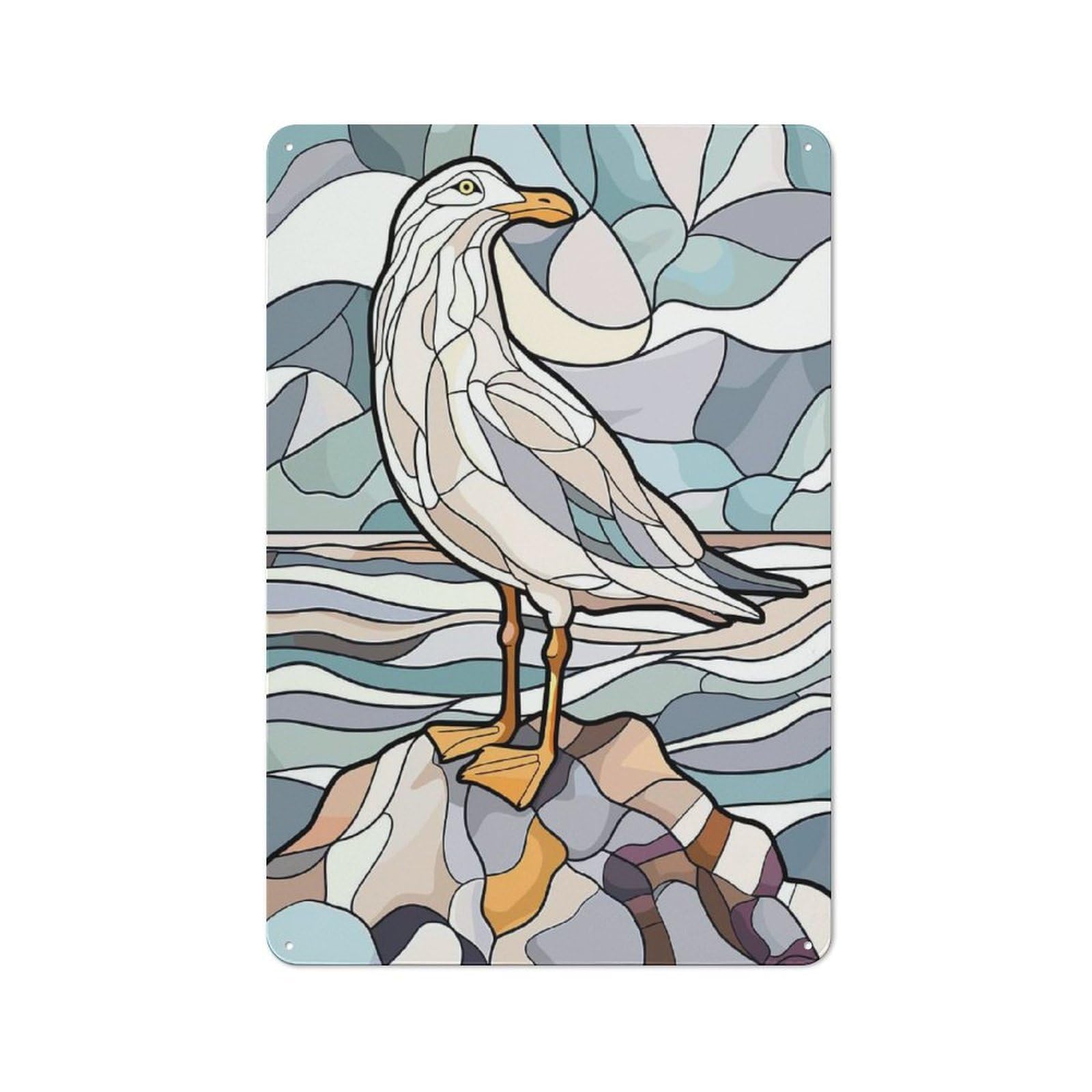 Junmoney Style-13 Stained Glass Seagull On Rock Decorative Metal Plaque 30X20cm, Shop Front Style Bistro Wall Plaque For Tea Room, Shop Wall Or Breakfast Area