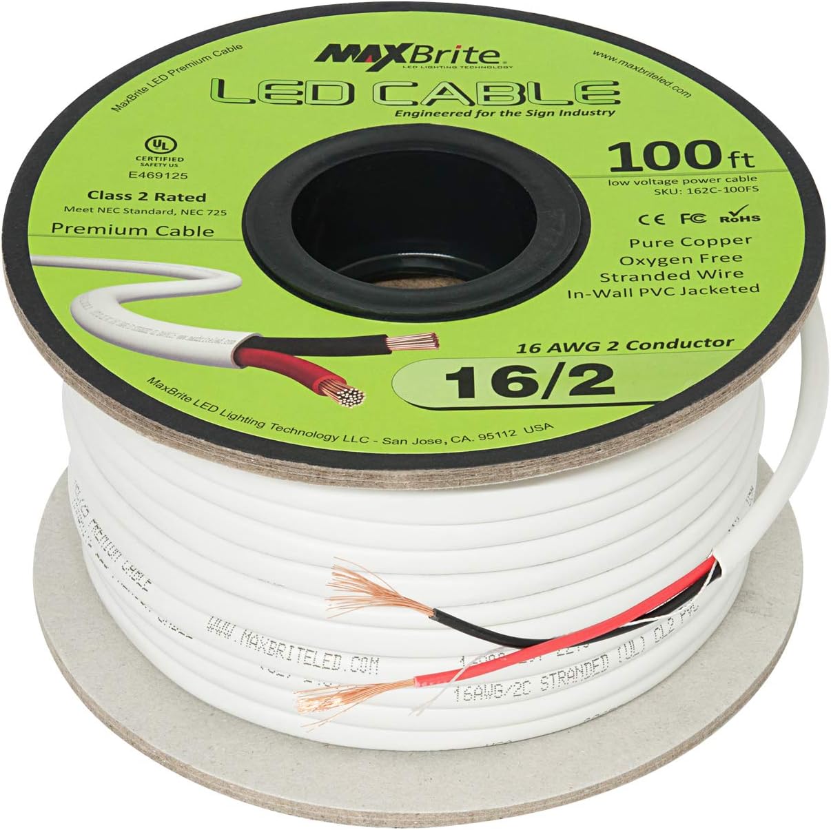 100 ft. 16AWG Low Voltage LED Cable 2 Conductor Jacketed in-Wall Speaker Wire UL Class 2 Certified