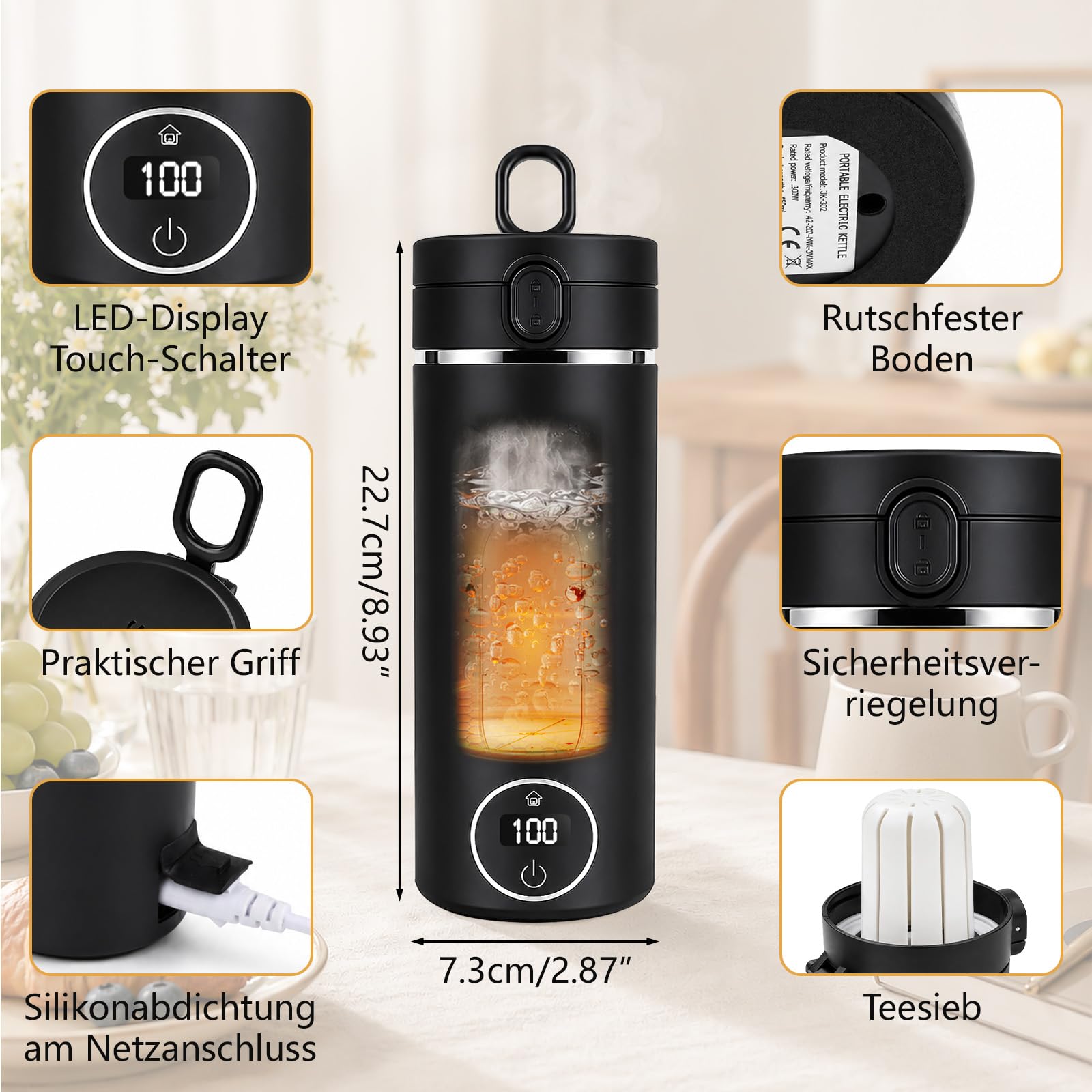 Skeufy Petite bouilloire de voyage 3 en 1 avec housse de bouteille et