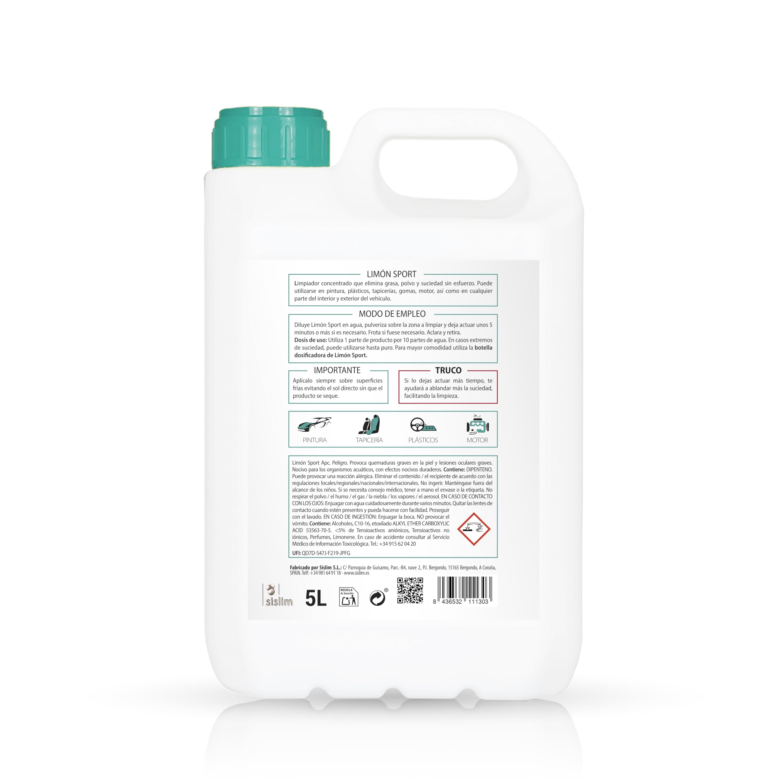 Sisbrill Limon Sport, veicolo concentrato per interni ed esterni più pulito - Tappezzeria, cruscotto, pelle, zanzare - 5 litri