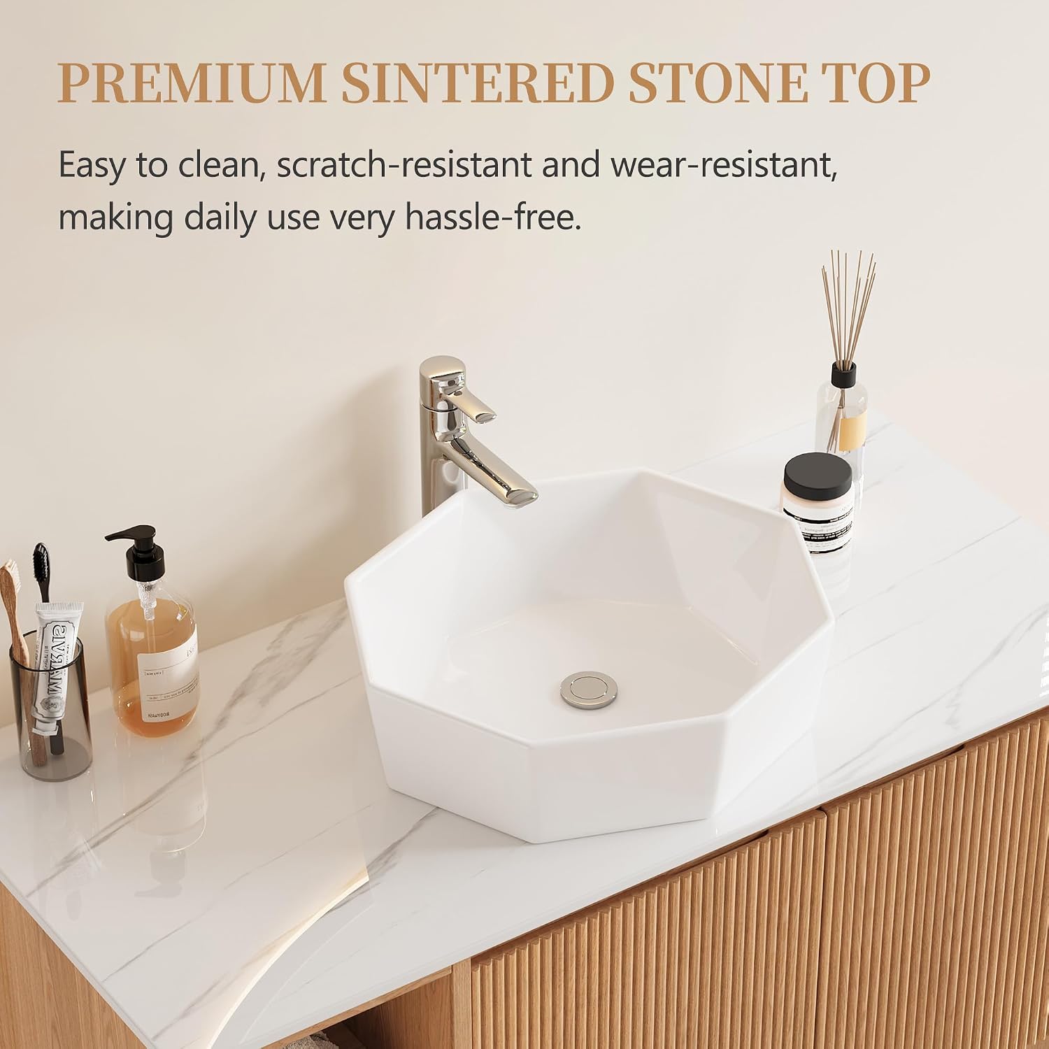 36" Floating Bathroom Vanity with Sink Combo, Mid-Century Modern Wall Mounted Bathroom Cabinet Set with Storage, Ceramic Basin, Light Walnut (Diamond-Shaped Pure White Ceramic Sink)