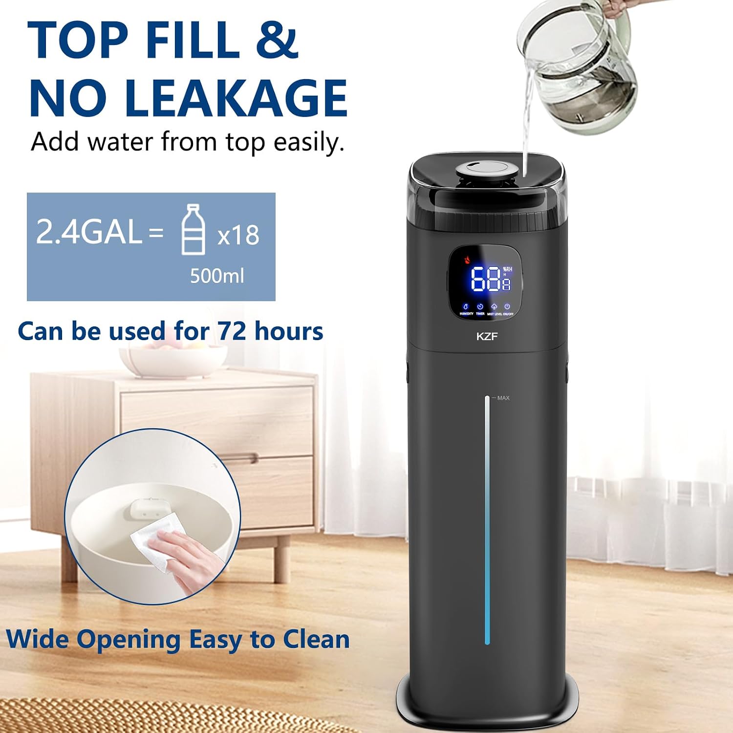 Large Humidifier for Bedroom, 9L/2.5Gallon Ultrasonic Cool Mist Humidifier with Humidistat, 360°Nozzle, 350ML/H Big Mist Level, Suitable for Kids Room Livingroom Yoga Office Plant (Black, 9, Liters) image 4