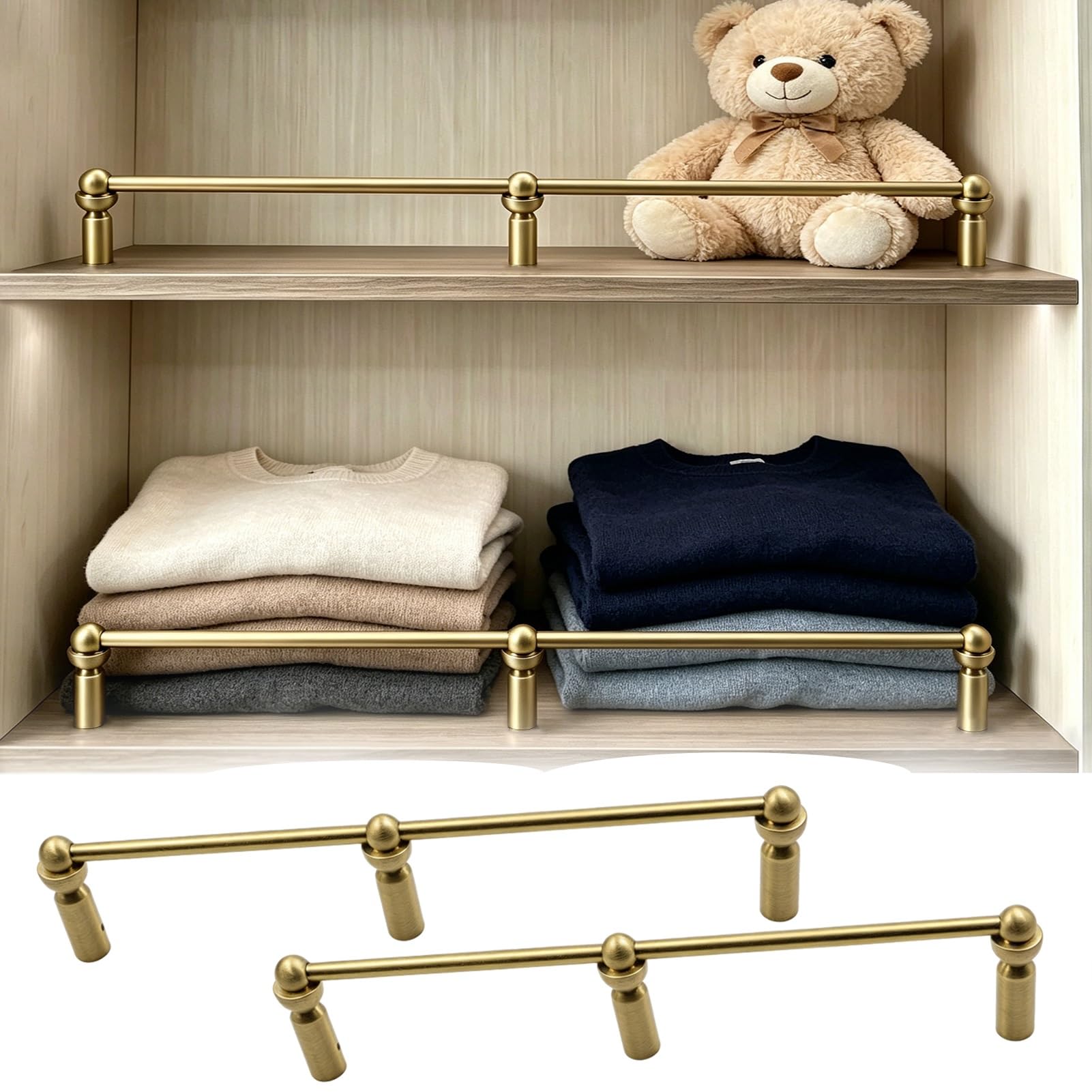MRVAKDYDI Long Floating Shelf Railing Rod, 2 Pack Gold Brass Shelf Guard Rail for Cabinet, 8-80in(39in/99cm)