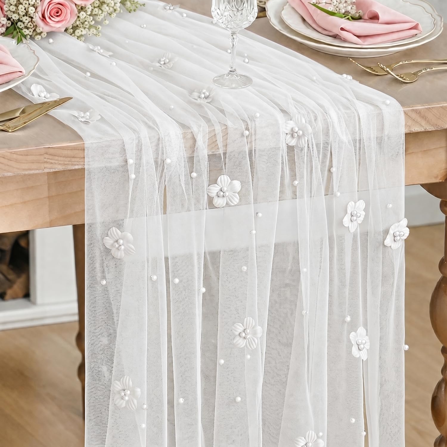 Artoid Mode Flower Pearl White Gauze Table Runner 70x300 cm