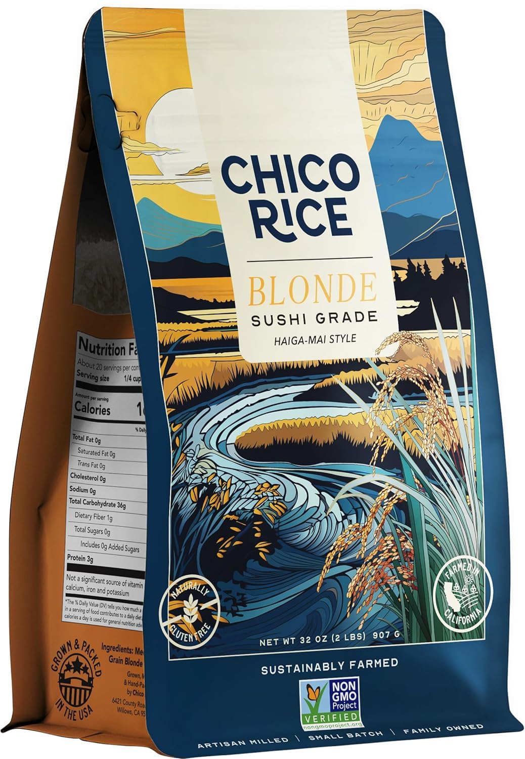 Chico Rice Blonde Fresh Milled Japonica Rice | Haiga Mai Half Milled Short Grain | Non-GMO, Gluten-Free, Calrose | Bold Flavor, High Fiber, Vegan | Perfect for Risottos, Bibimbap, Stir-Fries, Soups, Grain Bowls - 32 oz.4 Pack