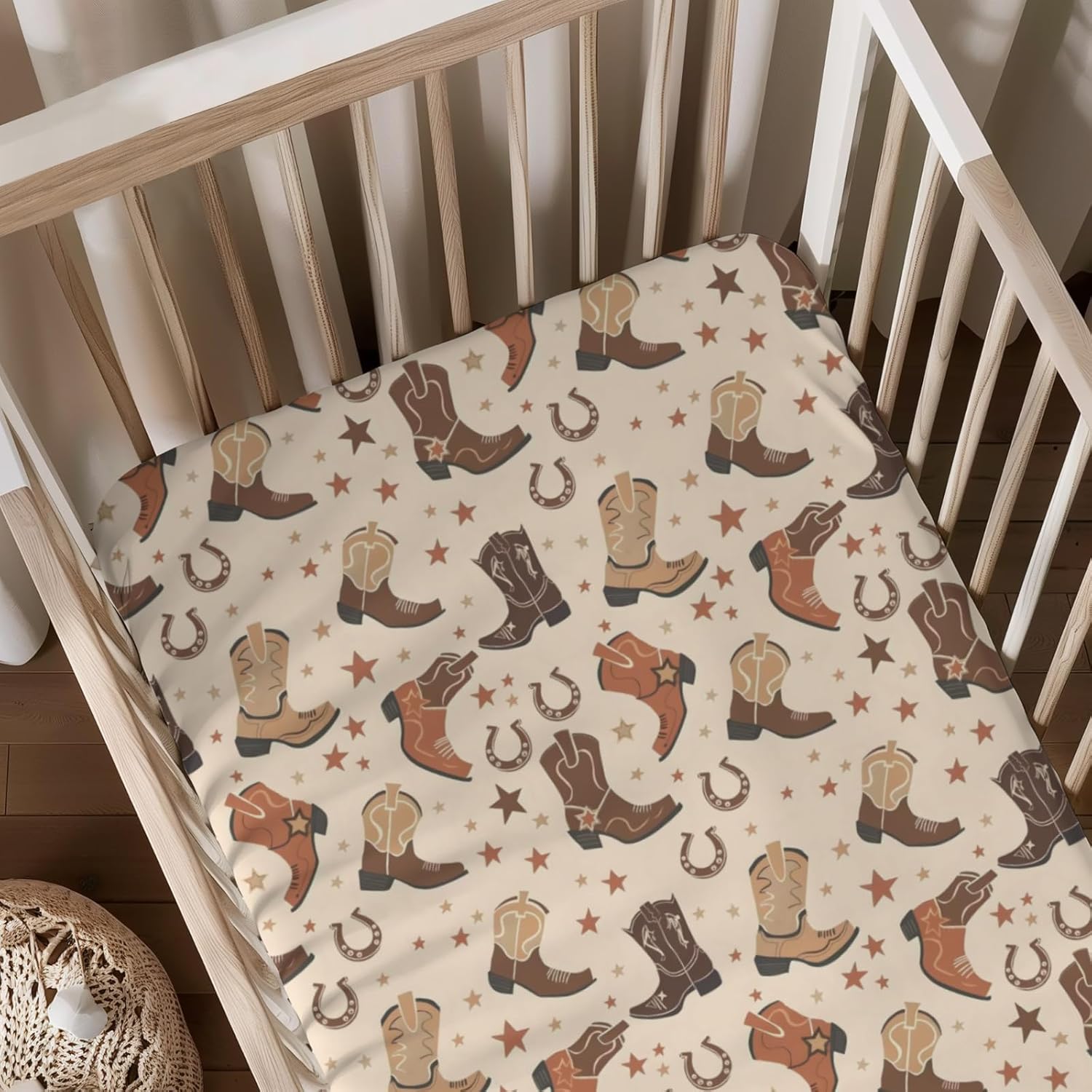 Cartoon Native American Horseshoes Stars Pattern Baby Sheets for Crib, Unisex Western Nursery Fitted Bed Sheet for Boys Girls Standard Crib and Toddler Mattress-28x52