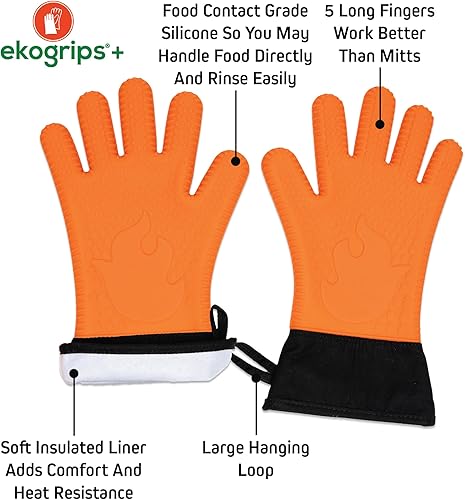 Miniatura 31 de Ekogrips+ - Guantes de horno de silicona de alta calidad, cómodos, impermeables, resistentes al calor, guantes de barbacoa para parrilla, puño largo