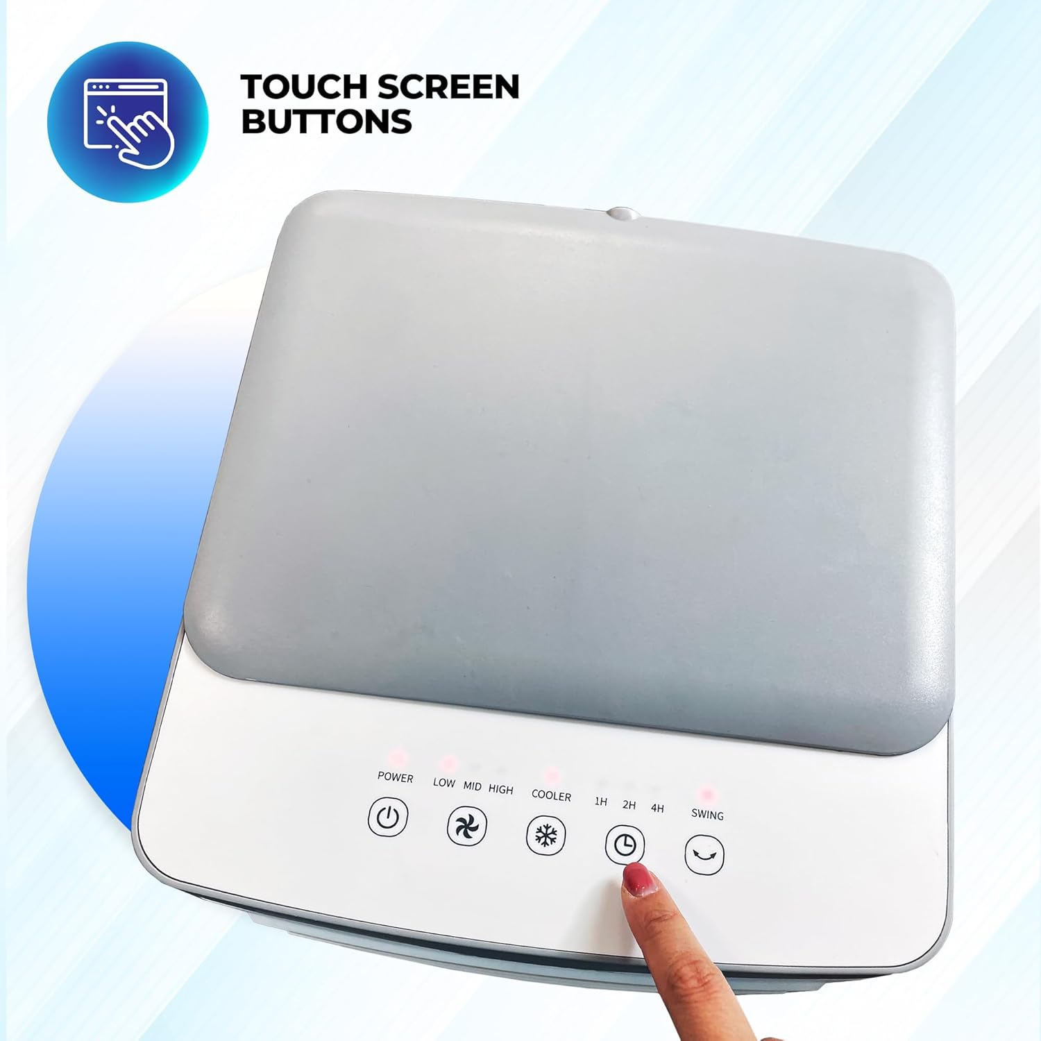 Close-up of the top panel of the air cooler showing touch screen buttons for power, speed, cooler, timer, and swing functions.