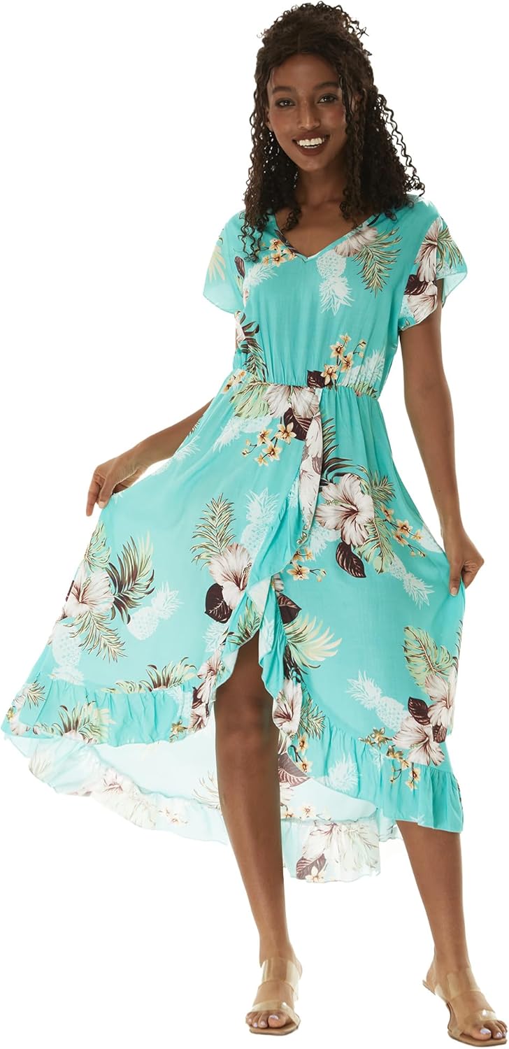 Matchable Couple Hawaiian Luau Shirt or Wrap Ruffle Dress in Pineapple Garden Turquoise