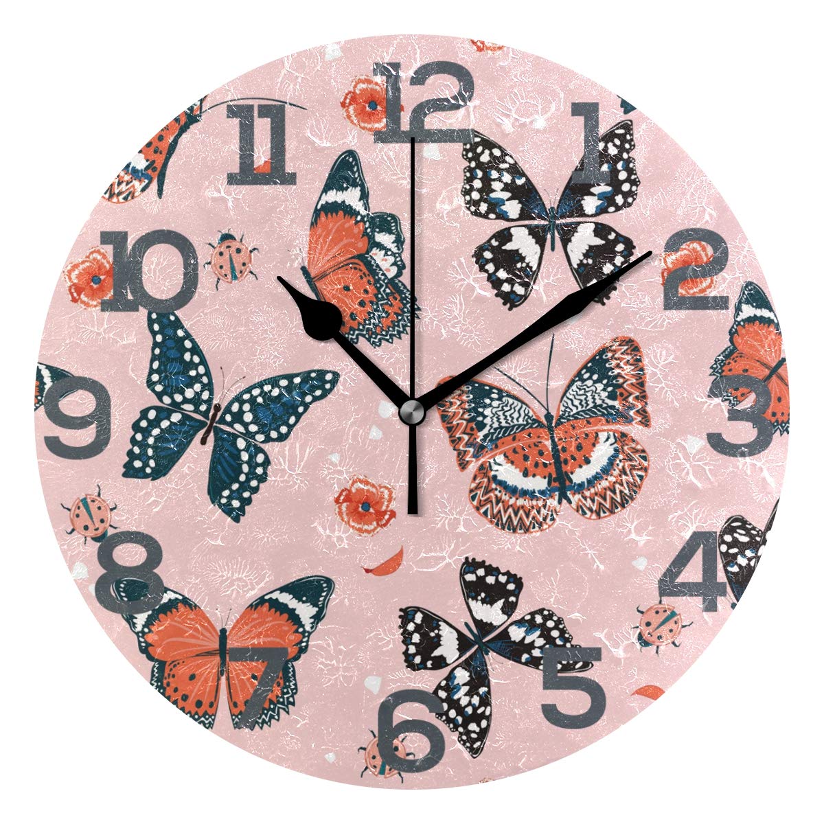 CENHOME Custom Wall Clock Butterflies Ladybugs Flying Sweety Home Decor Round Acrylic Clock Large Numbers Silent Non-Ticking Battery Operated Decorative Room Painting Clock