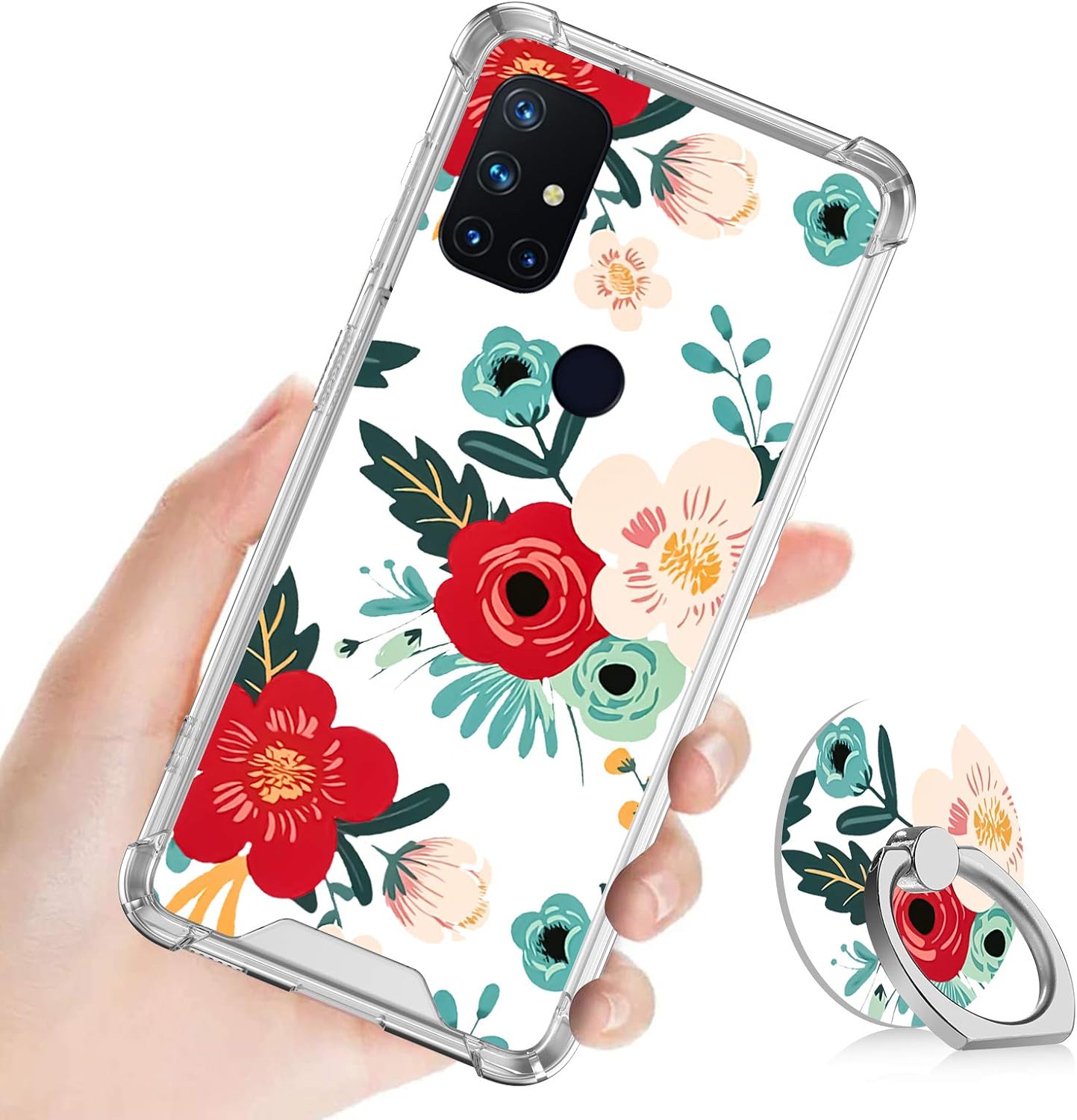 OOK Designed for Oneplus Nord N10 5G Case Red Flower Floral Blossom Design with Ring Holder Kickstand Protective Shockproof Slim TPU Phone Bumper Cover Finger Stand Grip for Women Girls 6.49"