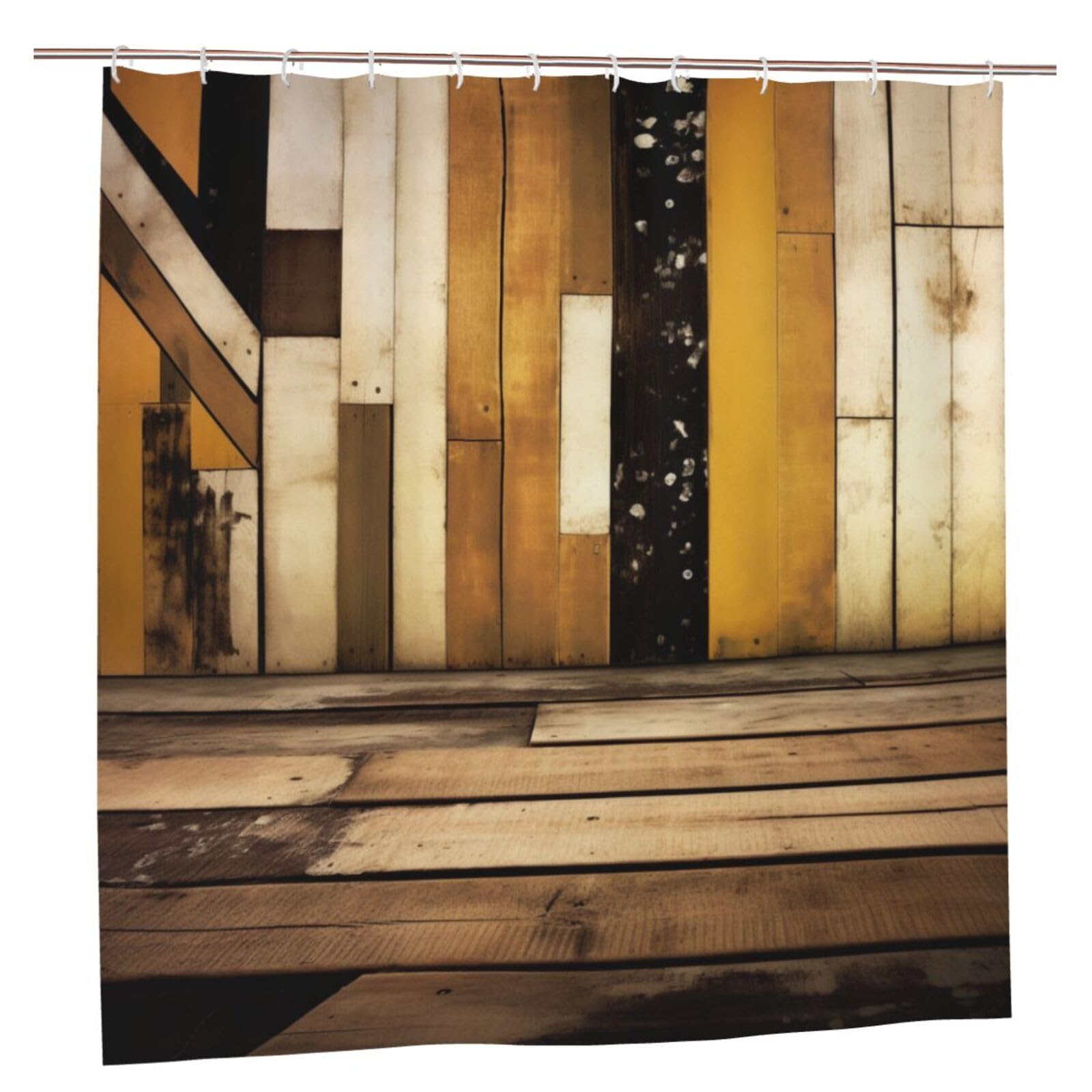 BWWHCCTI Rustic Wooden Printed Shower Curtain With 12 Plastic Hooks Opaque Quick Drying Waterproof Shower Curtains Sets For Bathroom 183x183 CM