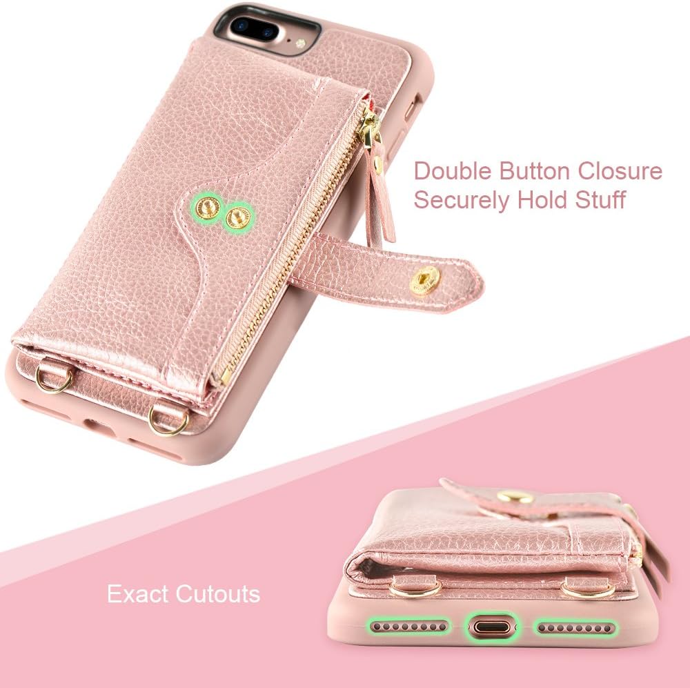 LAMEEKU Wallet Case Compatible with iPhone 8 Plus, iPhone 7 Plus Card Holder Leather Case with Wrist Chain Crossbody Strap Zipper Case for iPhone 7 Plus/8 Plus, 5.5 inches-Rose Gold